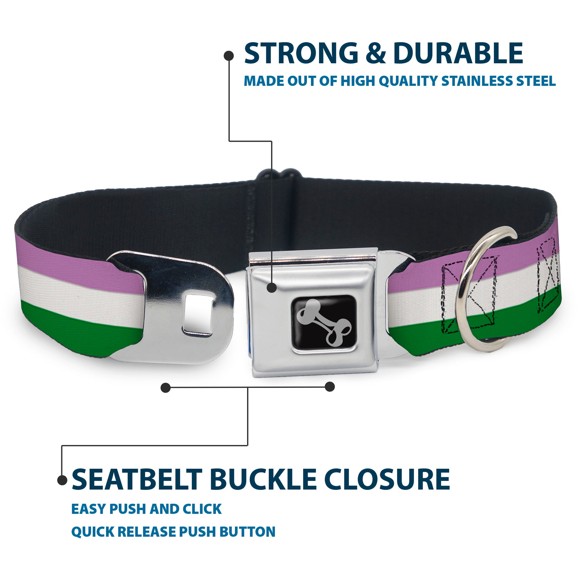 Dog Bone Seatbelt Buckle Collar - Flag Genderqueer Lavender/White/Green Seatbelt Buckle Collars Buckle-Down