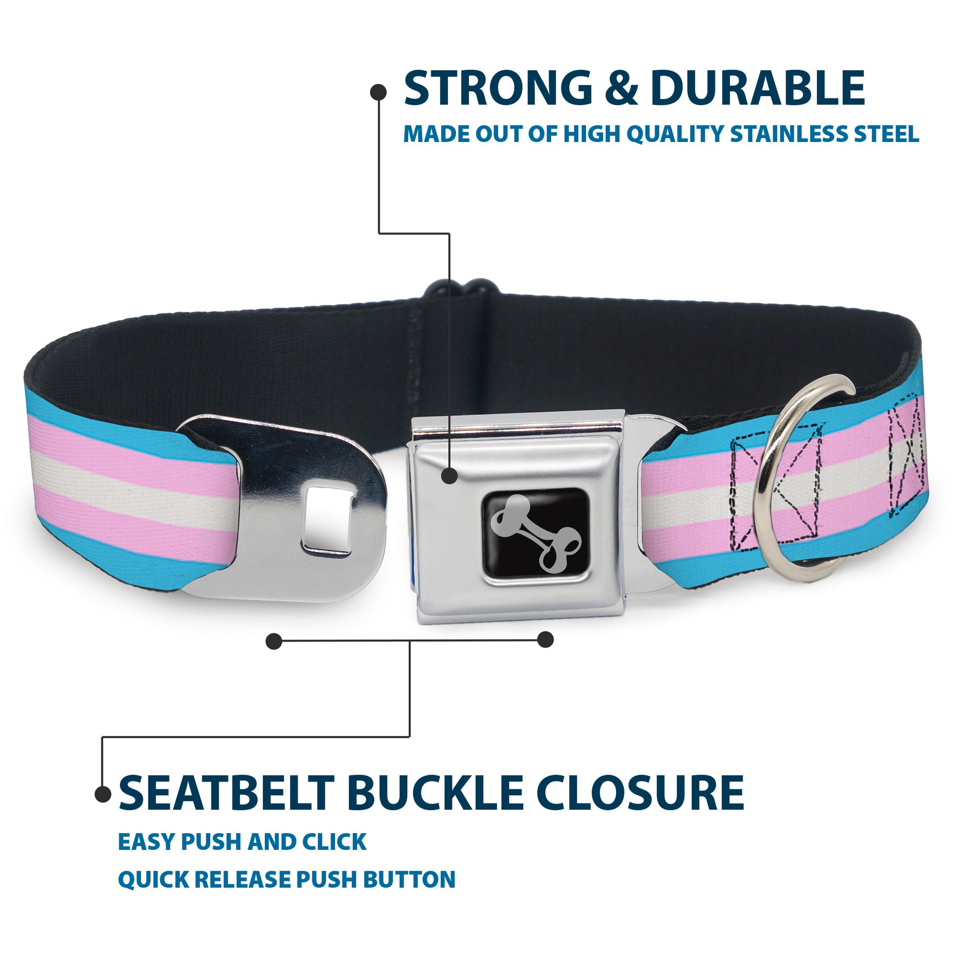 Dog Bone Seatbelt Buckle Collar - Flag Transgender Baby Blue/Baby Pink/White Seatbelt Buckle Collars Buckle-Down