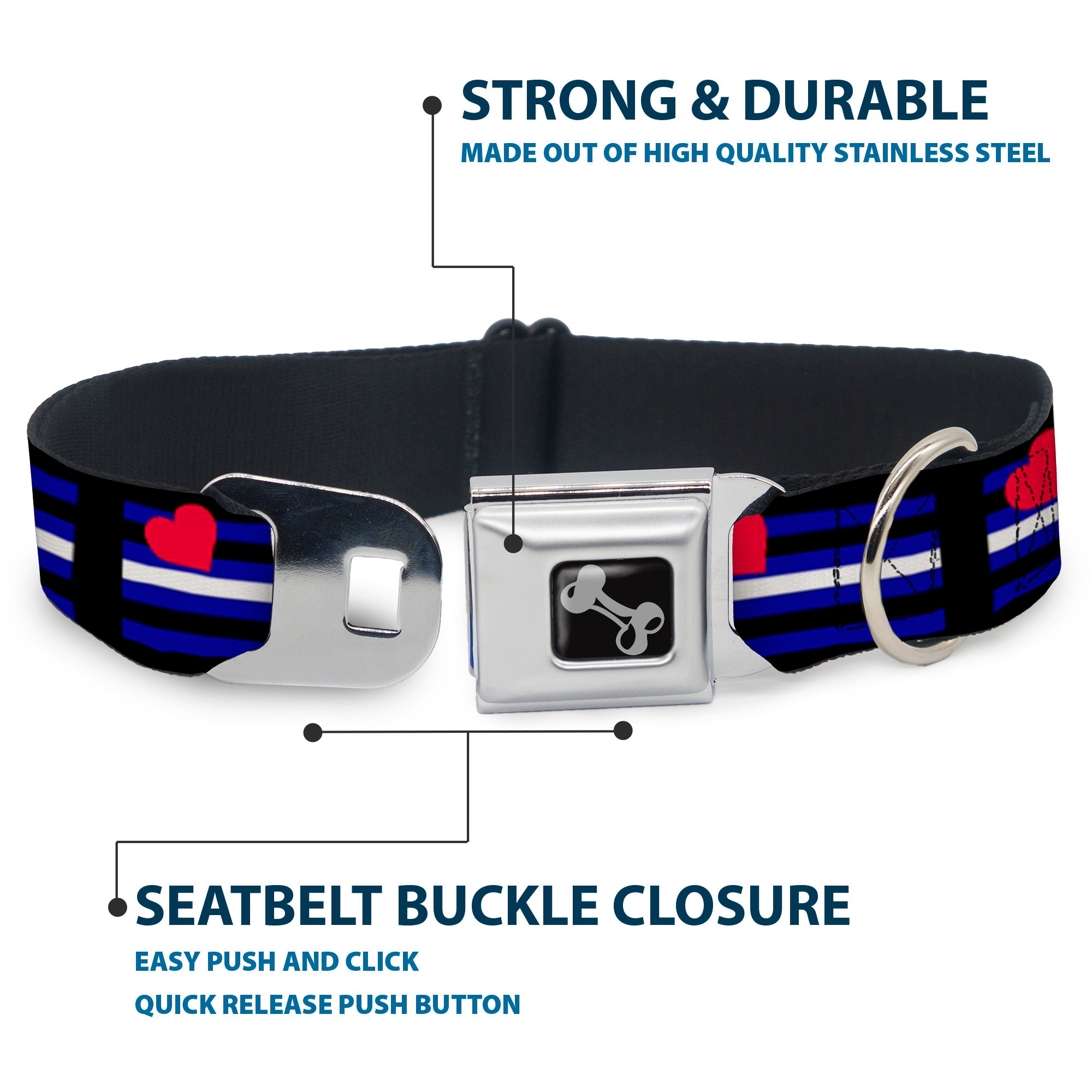 Dog Bone Seatbelt Buckle Collar - Flag Leather Black/Blue/Red/White Seatbelt Buckle Collars Buckle-Down
