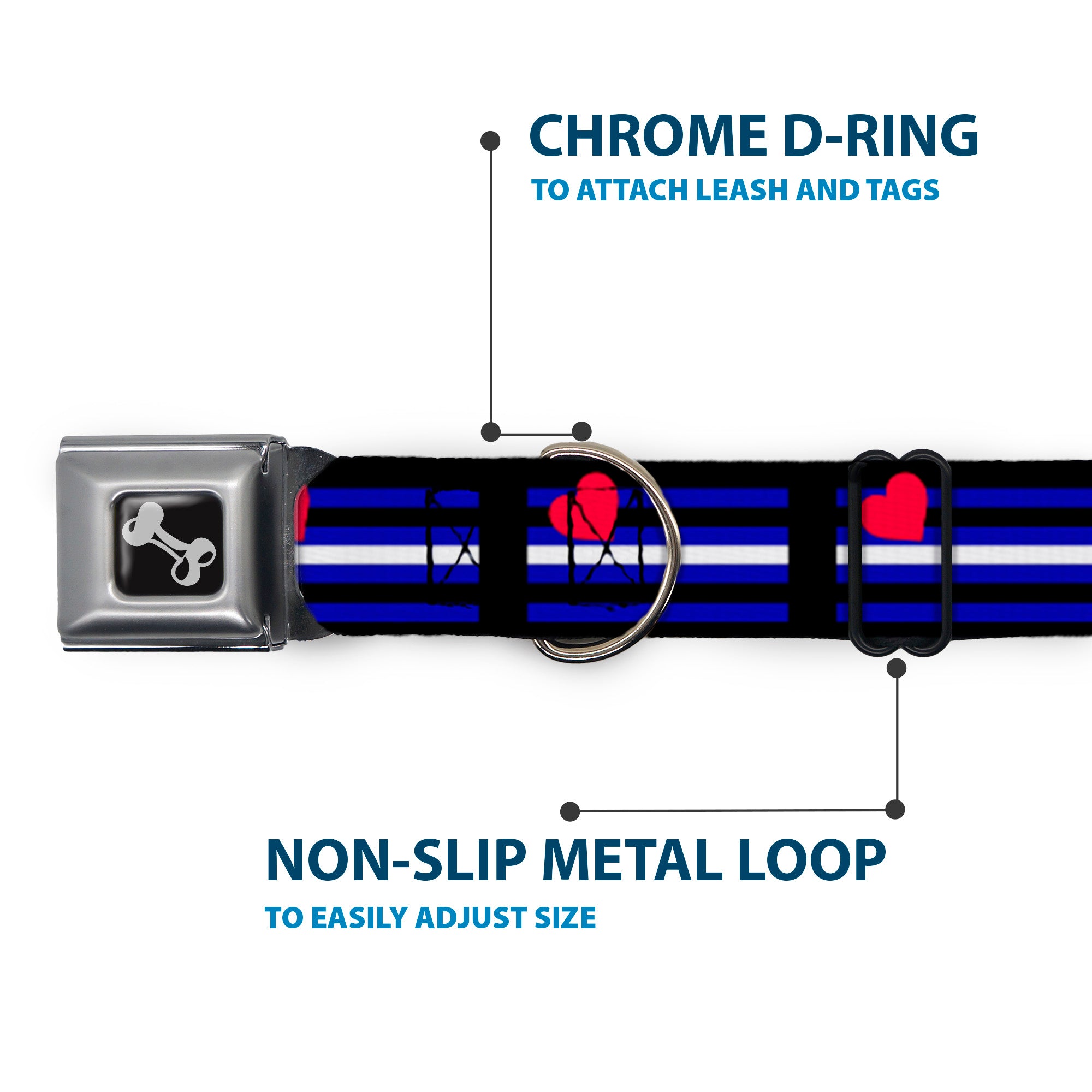 Dog Bone Seatbelt Buckle Collar - Flag Leather Black/Blue/Red/White Seatbelt Buckle Collars Buckle-Down