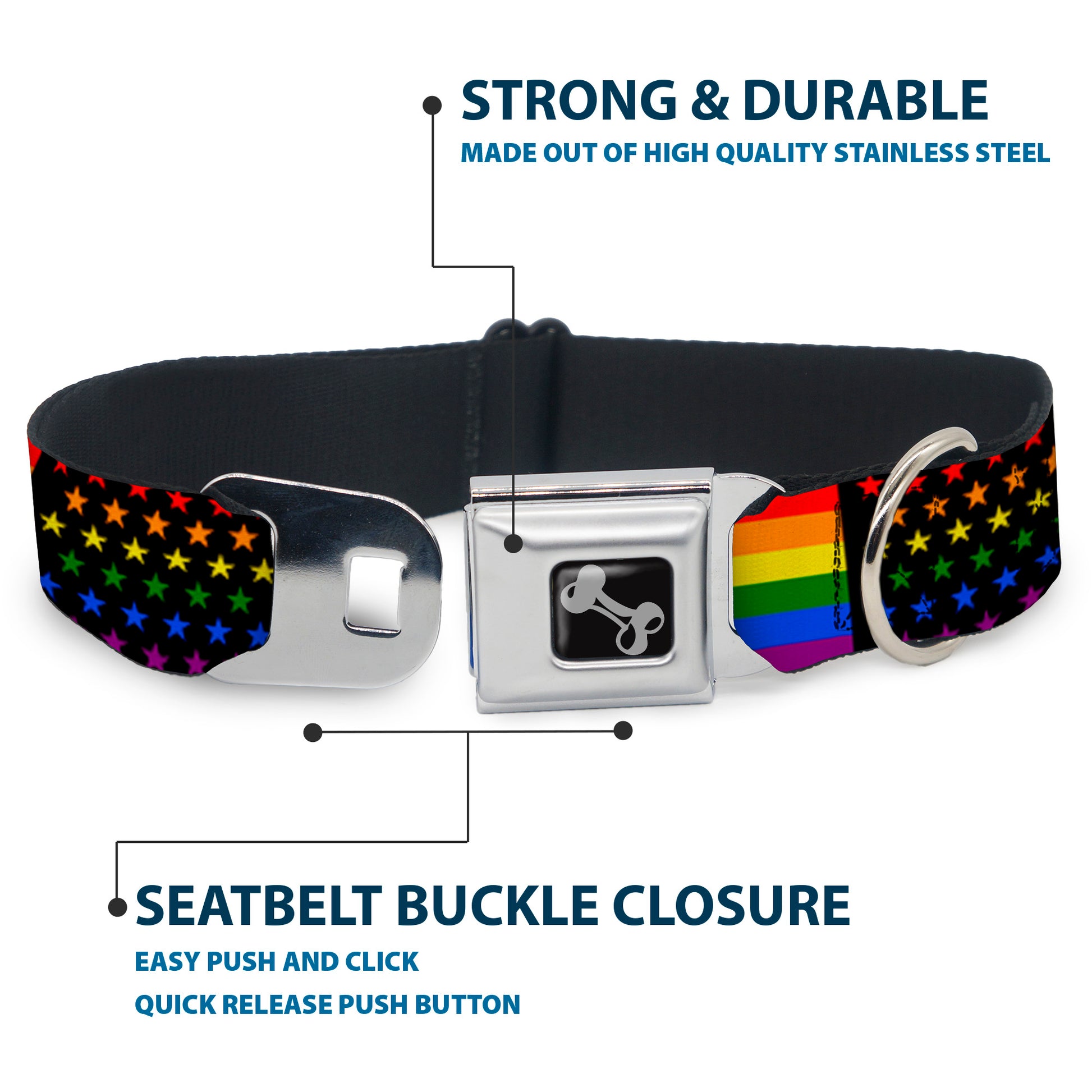 Dog Bone Seatbelt Buckle Collar - Flag American Pride Rainbow/Black Seatbelt Buckle Collars Buckle-Down