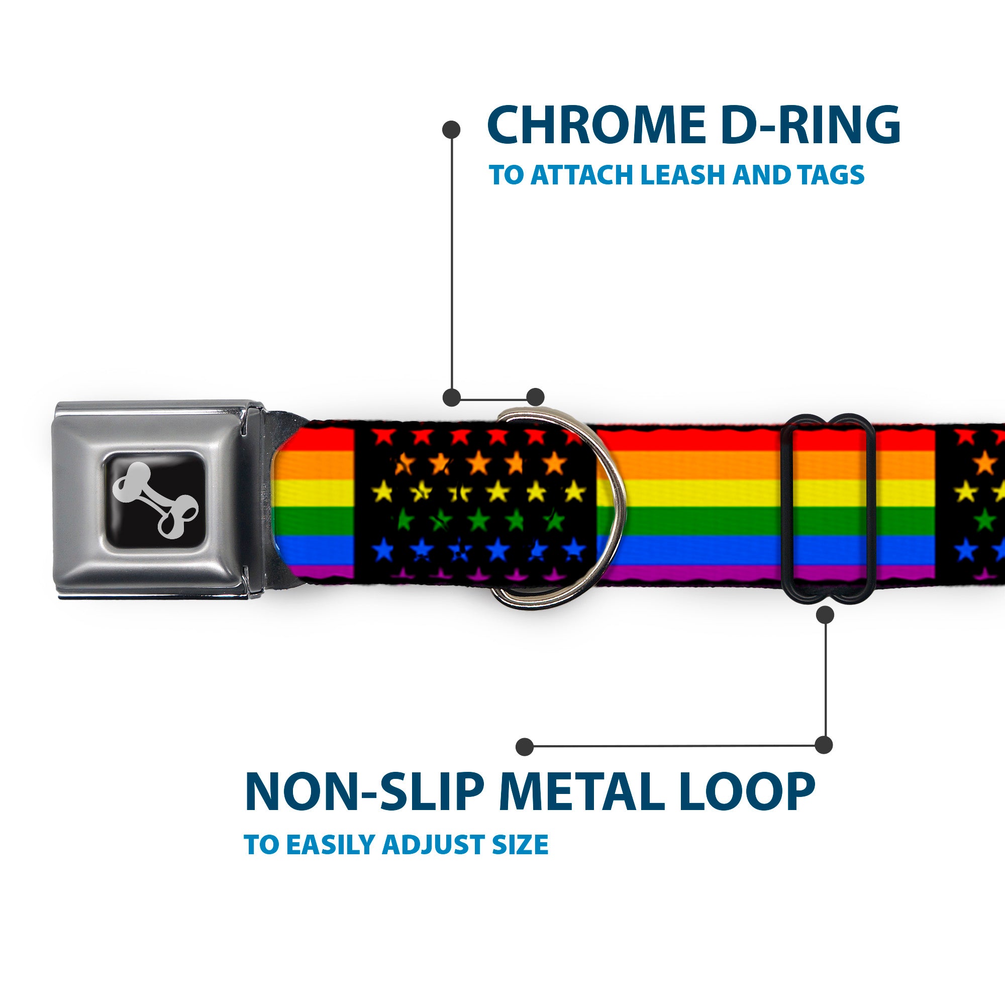 Dog Bone Seatbelt Buckle Collar - Flag American Pride Rainbow/Black Seatbelt Buckle Collars Buckle-Down