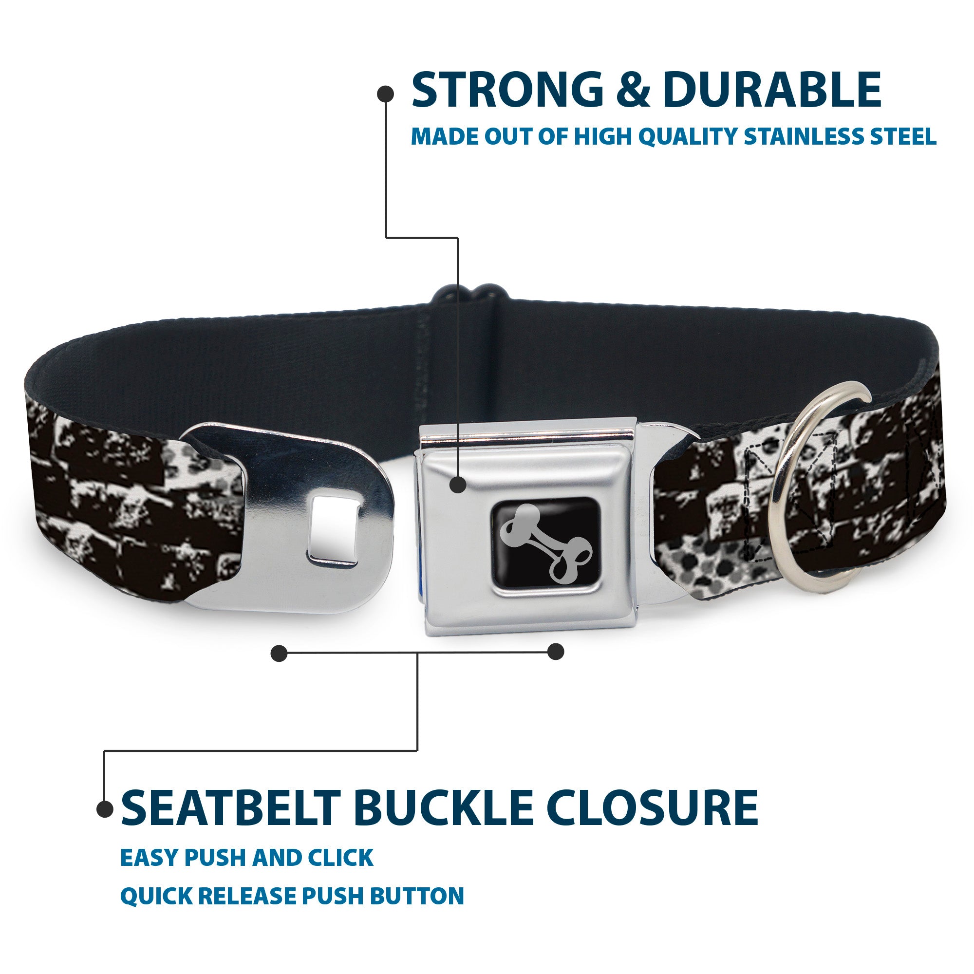 Dog Bone Seatbelt Buckle Collar - Grunge Bricks Black/White Seatbelt Buckle Collars Buckle-Down