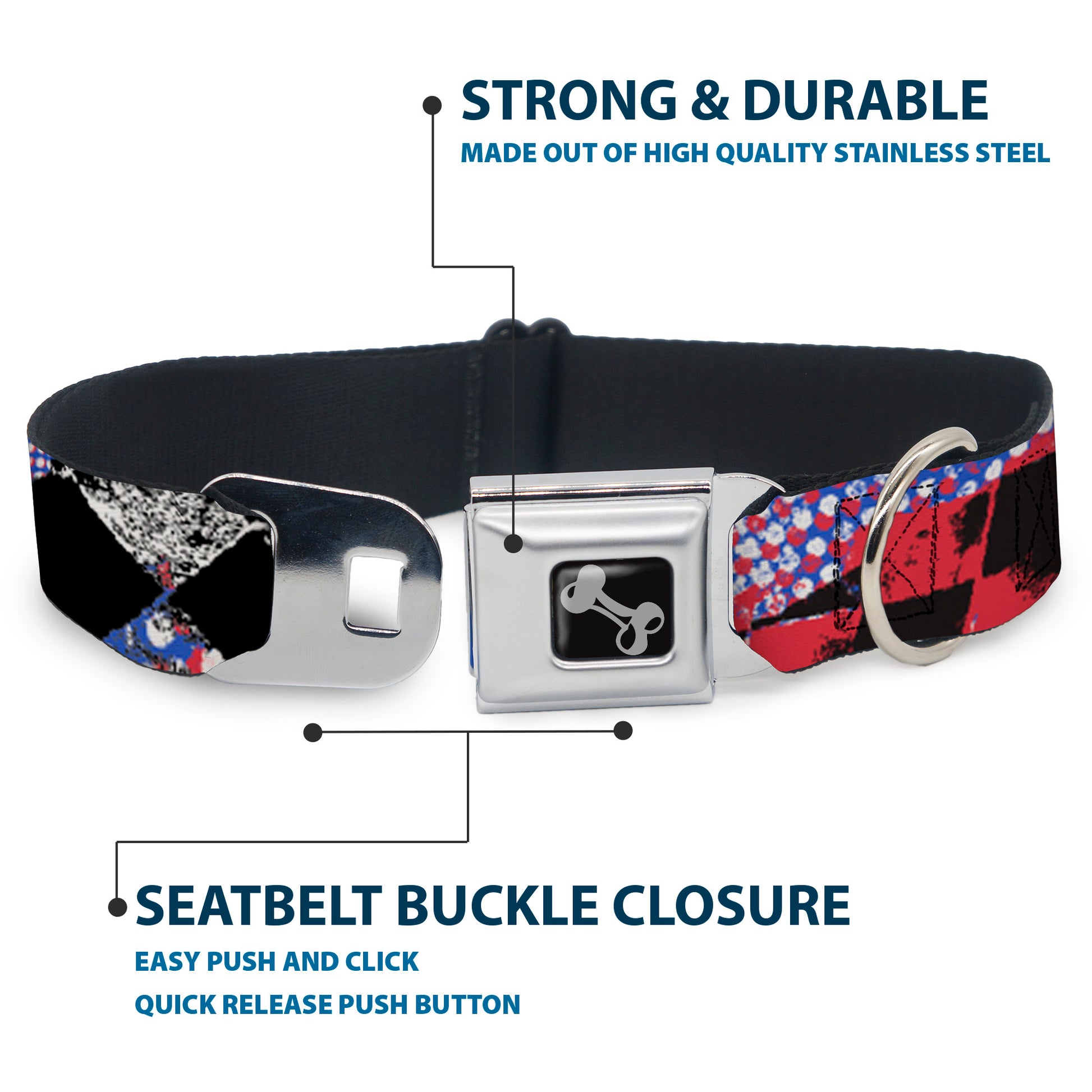 Dog Bone Seatbelt Buckle Collar - Grunge Checker Flag Blue/Red Seatbelt Buckle Collars Buckle-Down