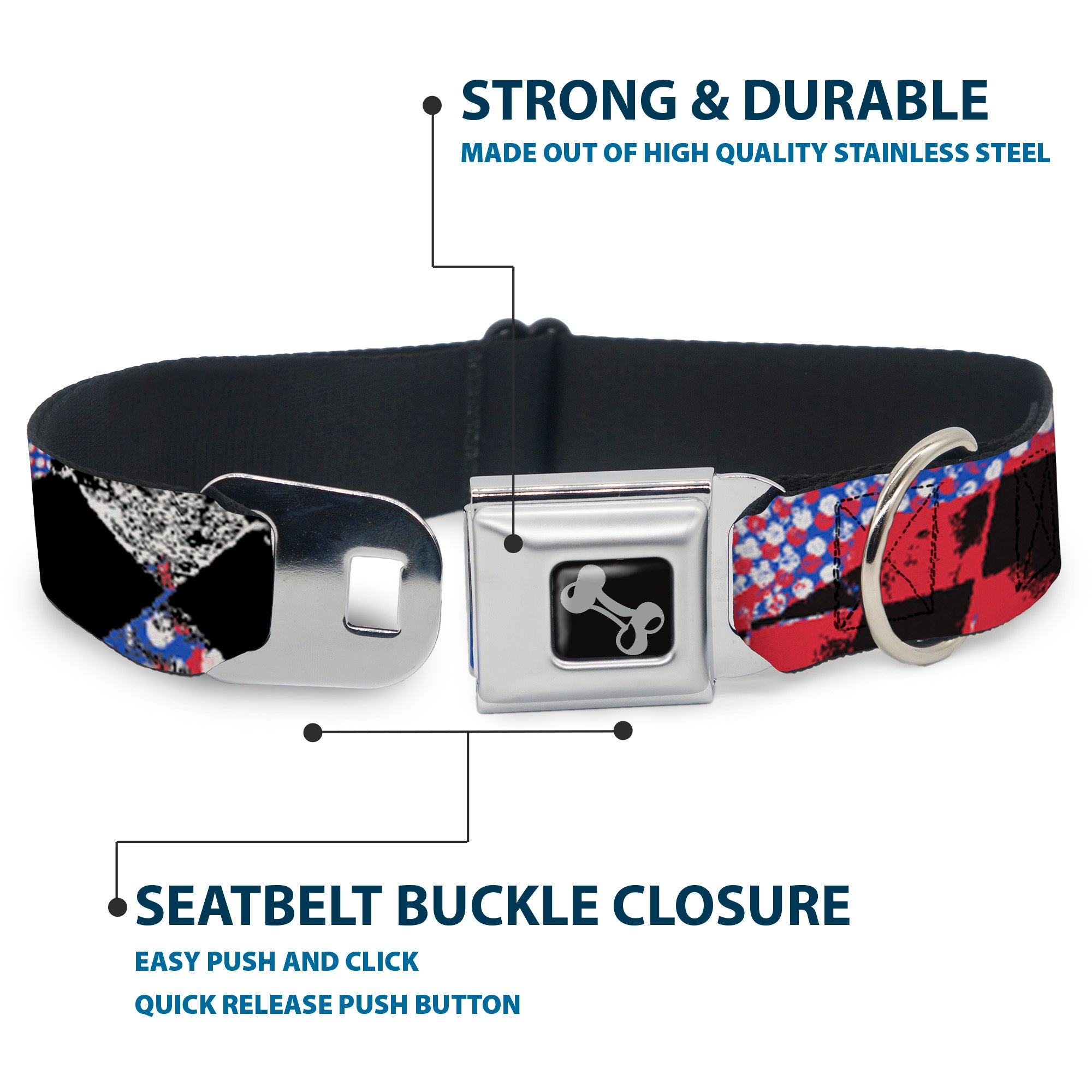 Dog Bone Seatbelt Buckle Collar - Grunge Checker Flag Blue/Red Seatbelt Buckle Collars Buckle-Down