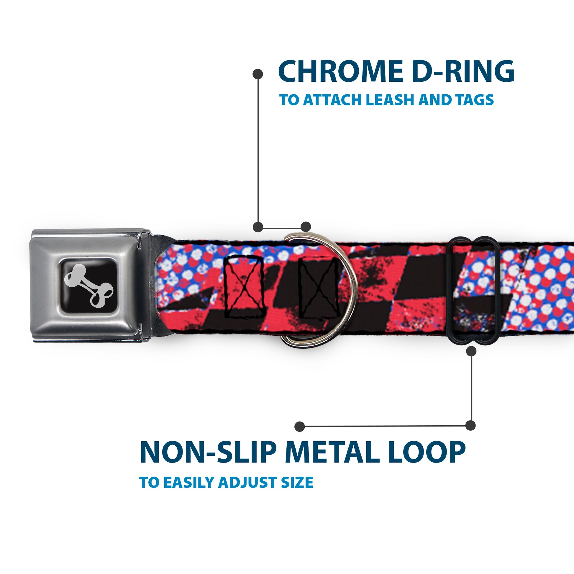 Dog Bone Seatbelt Buckle Collar - Grunge Checker Flag Blue/Red Seatbelt Buckle Collars Buckle-Down