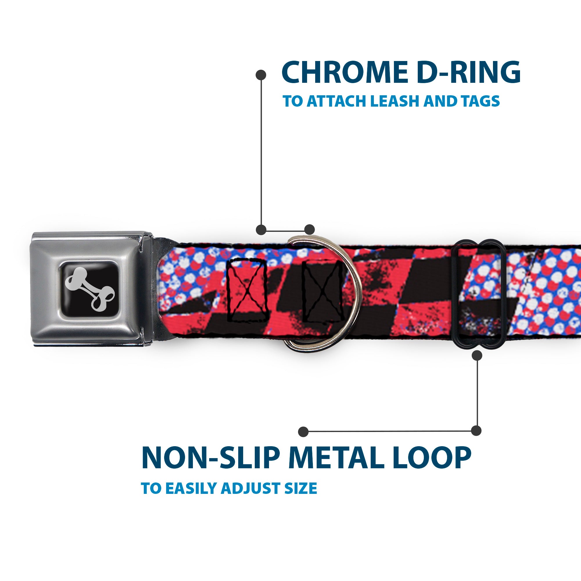 Dog Bone Seatbelt Buckle Collar - Grunge Checker Flag Blue/Red Seatbelt Buckle Collars Buckle-Down