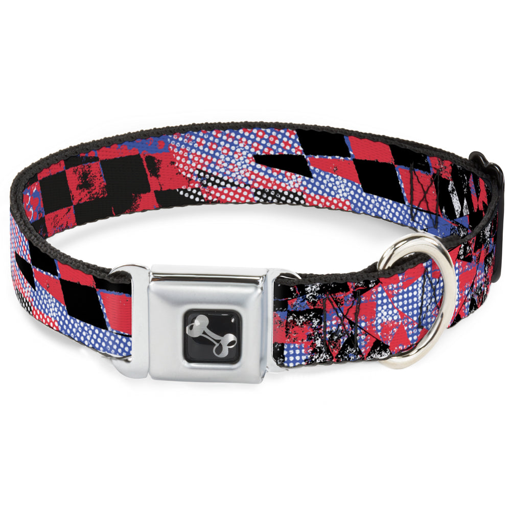 Dog Bone Seatbelt Buckle Collar - Grunge Checker Flag Blue/Red Seatbelt Buckle Collars Buckle-Down