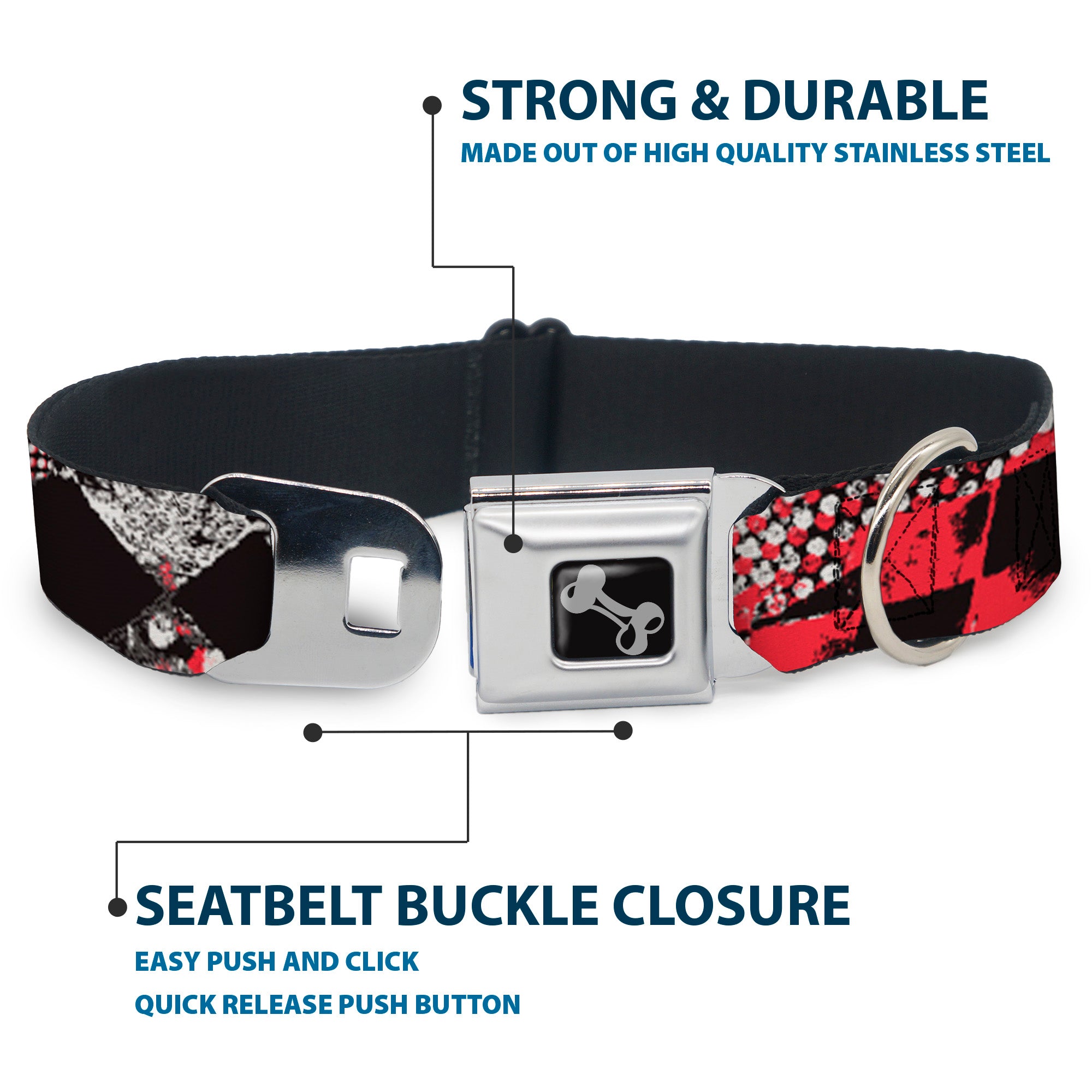 Dog Bone Seatbelt Buckle Collar - Grunge Checker Flag Red Seatbelt Buckle Collars Buckle-Down