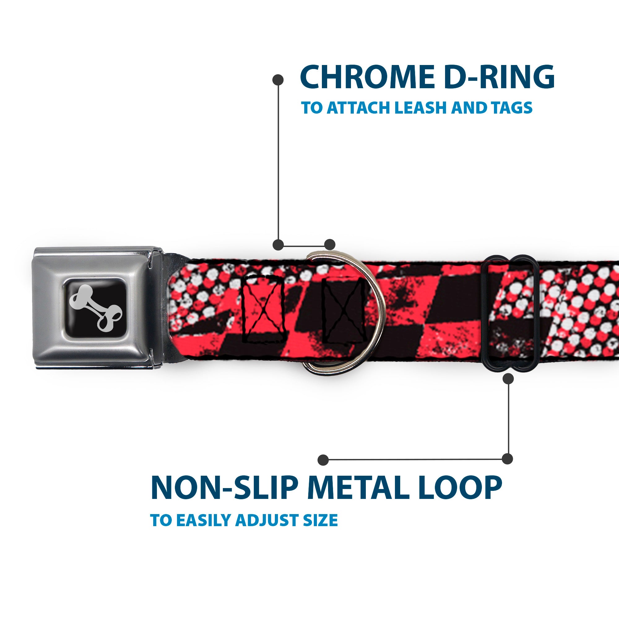 Dog Bone Seatbelt Buckle Collar - Grunge Checker Flag Red Seatbelt Buckle Collars Buckle-Down