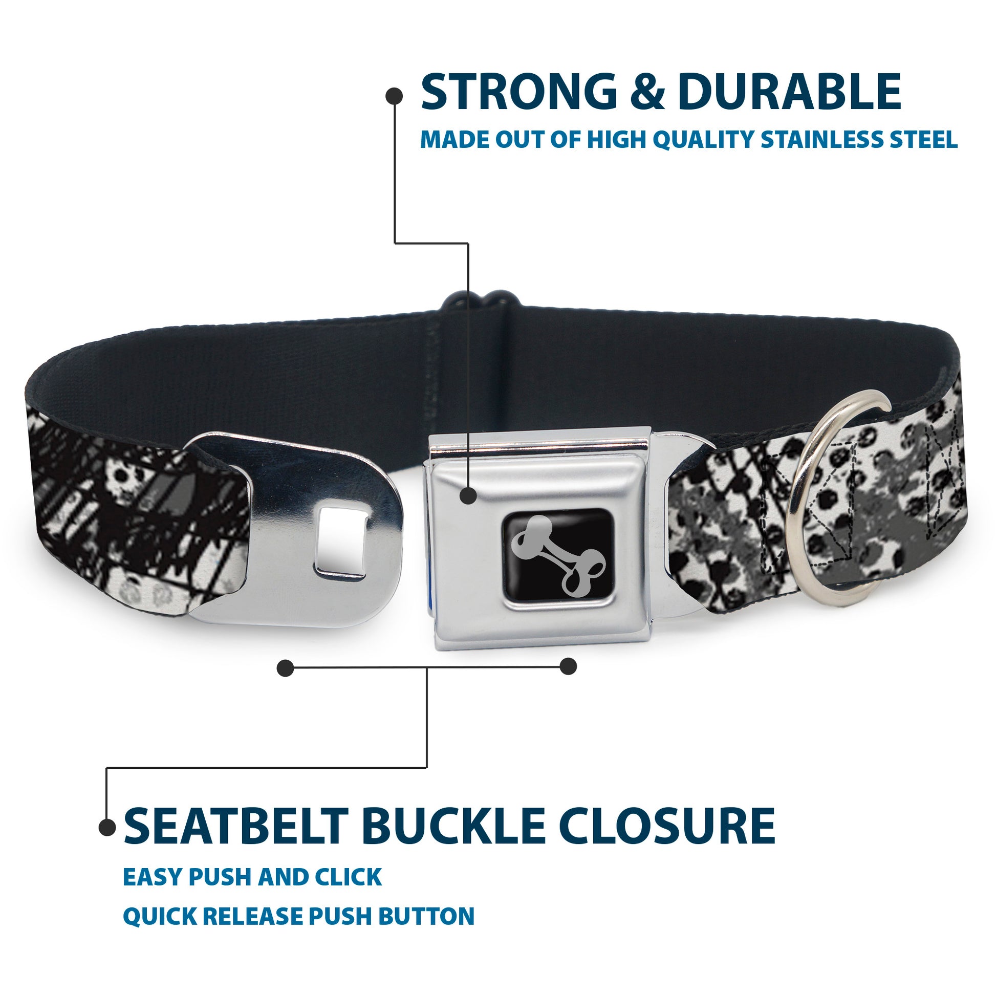 Dog Bone Seatbelt Buckle Collar - Grunge Gears Black/White Seatbelt Buckle Collars Buckle-Down