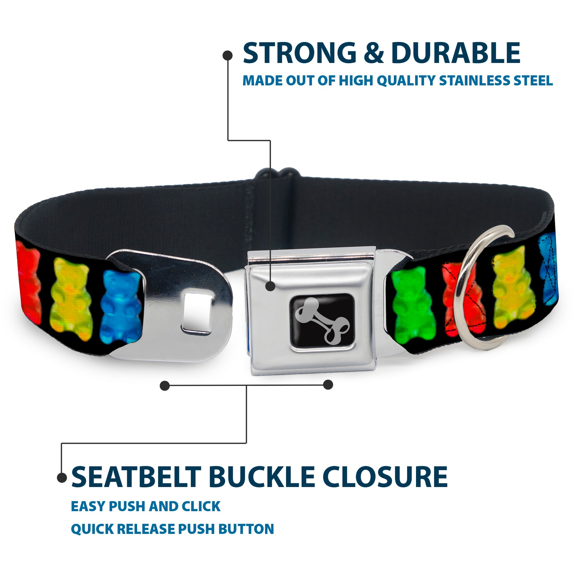 Dog Bone Seatbelt Buckle Collar - Gummy Bears Black/Multi Color Seatbelt Buckle Collars Buckle-Down