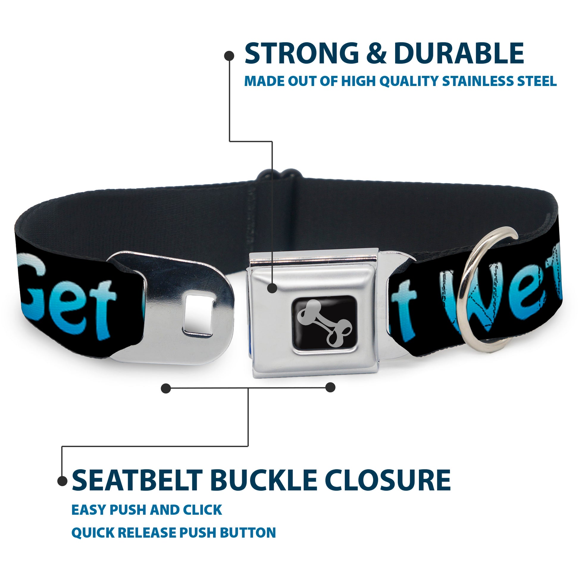 Buckle-Down Seatbelt Buckle Dog Collar - GET WET Black/Baby Blue Seatbelt Buckle Collars Buckle-Down