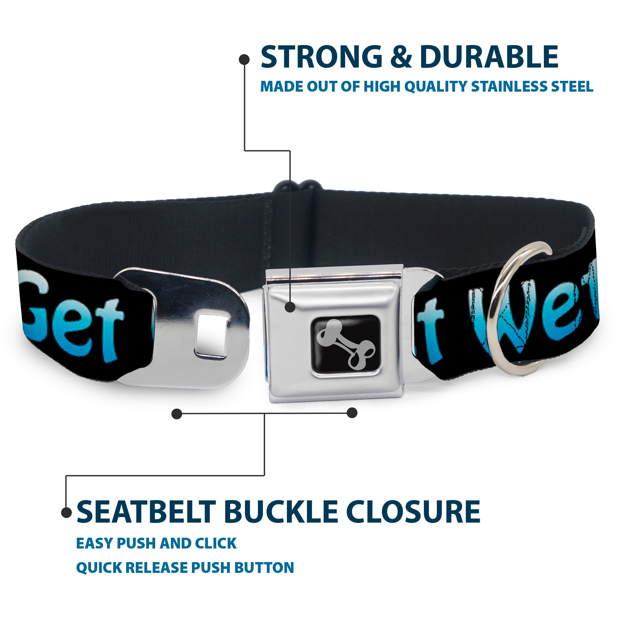 Buckle-Down Seatbelt Buckle Dog Collar - GET WET Black/Baby Blue Seatbelt Buckle Collars Buckle-Down