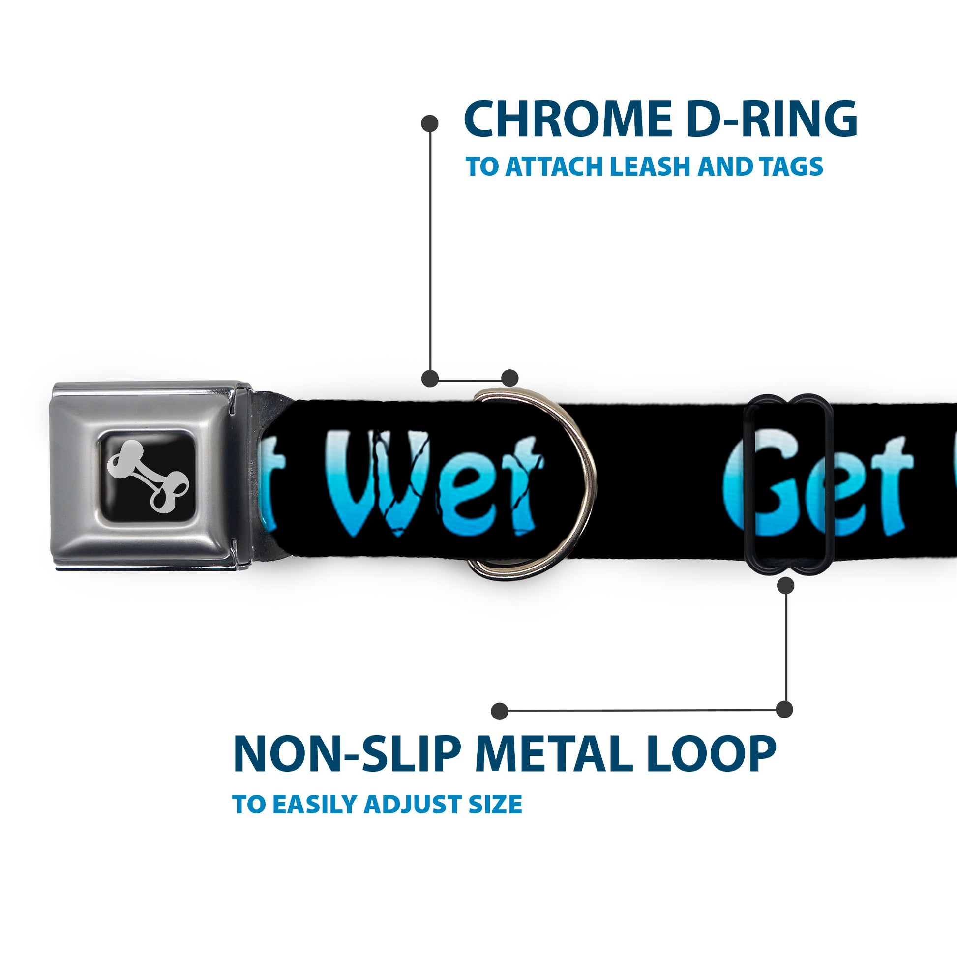 Buckle-Down Seatbelt Buckle Dog Collar - GET WET Black/Baby Blue Seatbelt Buckle Collars Buckle-Down
