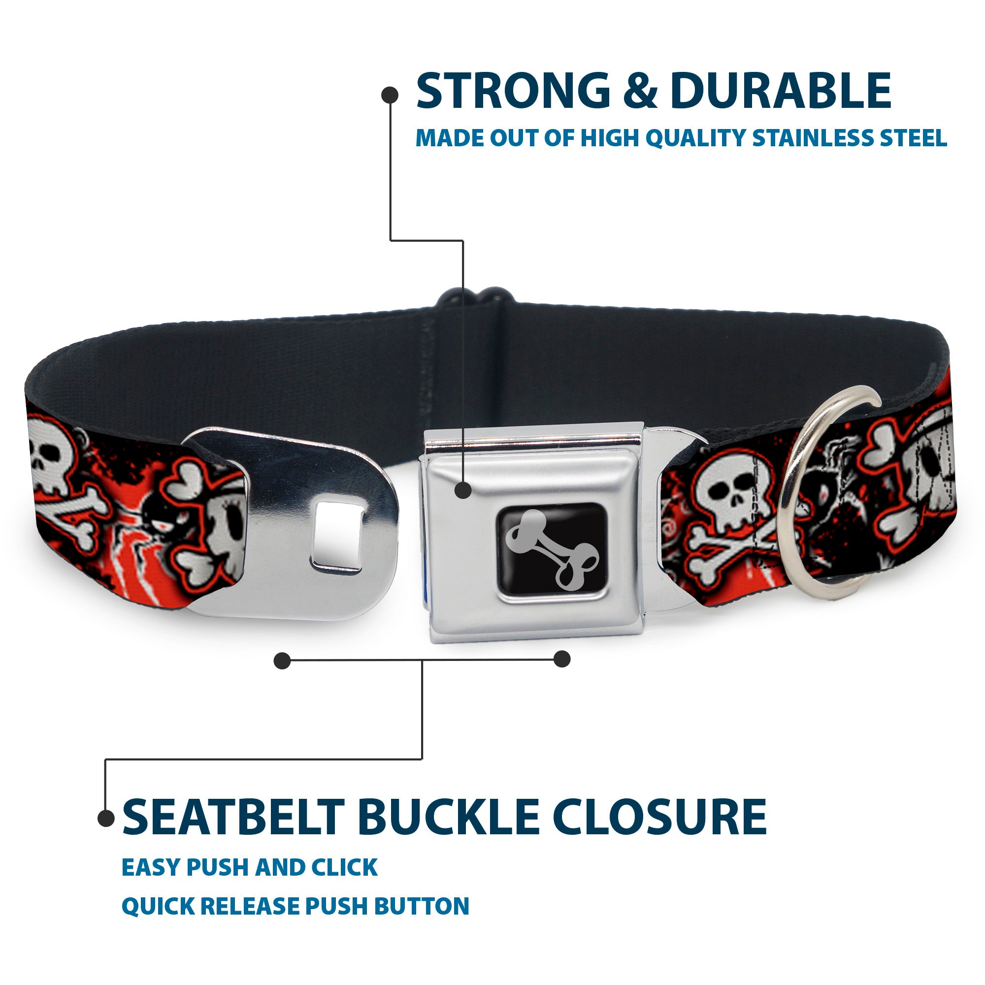 Dog Bone Seatbelt Buckle Collar - Girlie Skull Black/Red Seatbelt Buckle Collars Buckle-Down