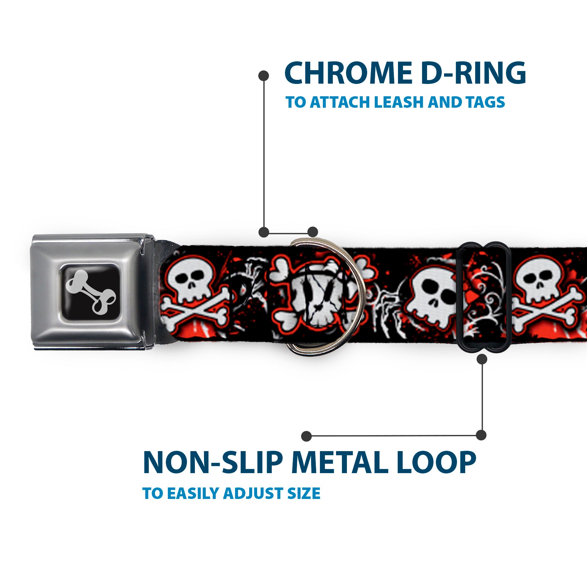 Dog Bone Seatbelt Buckle Collar - Girlie Skull Black/Red Seatbelt Buckle Collars Buckle-Down