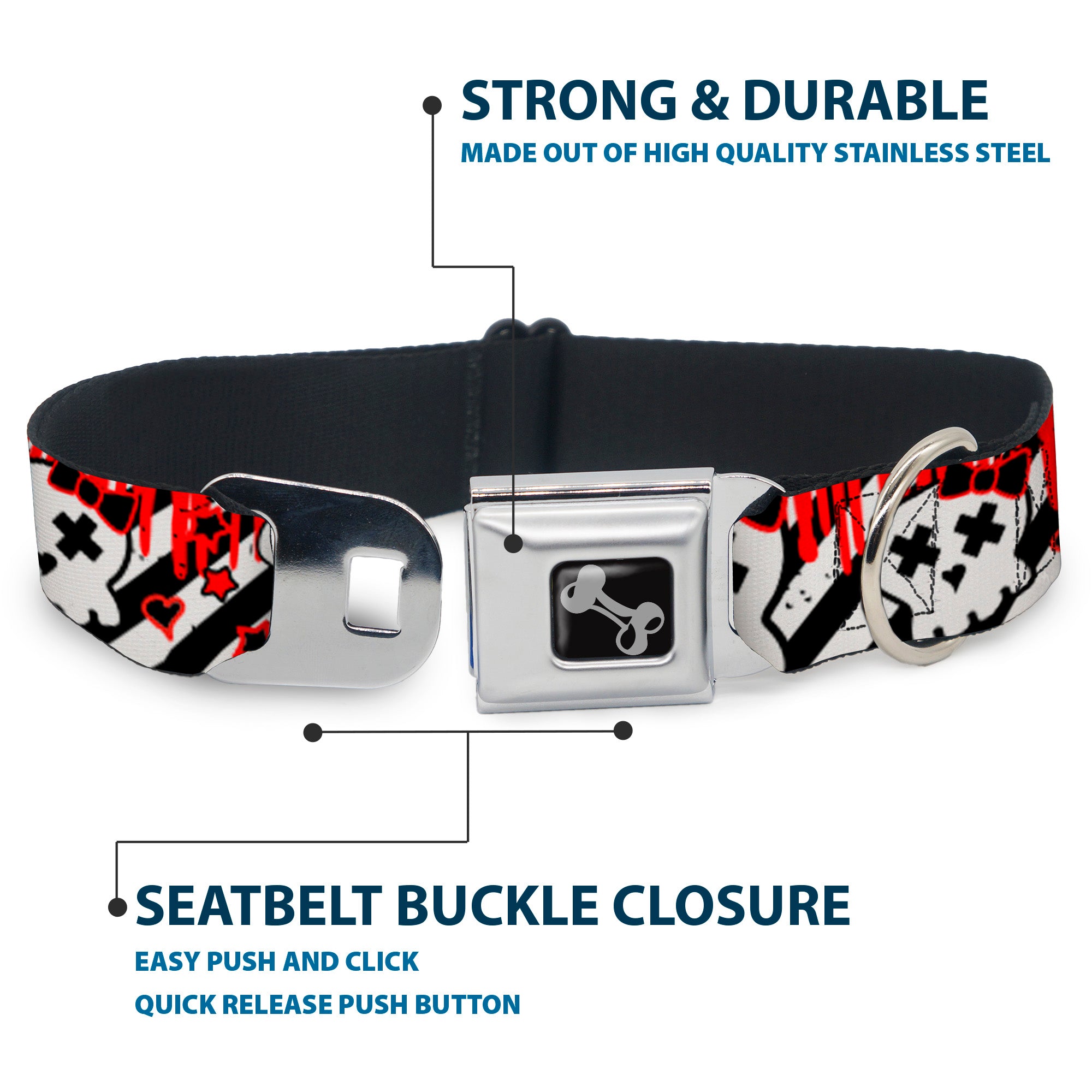 Dog Bone Seatbelt Buckle Collar - Girlie Skull Black/White w/Red Paint Drips Seatbelt Buckle Collars Buckle-Down