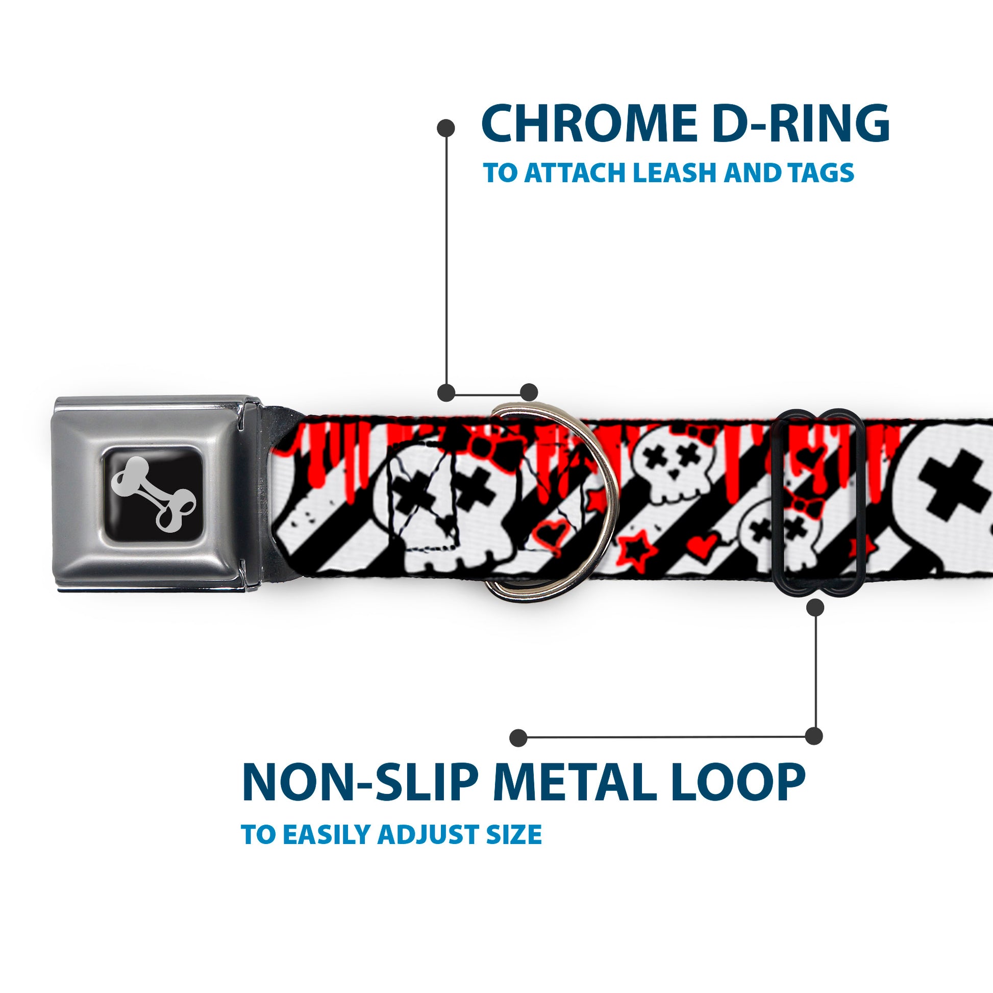 Dog Bone Seatbelt Buckle Collar - Girlie Skull Black/White w/Red Paint Drips Seatbelt Buckle Collars Buckle-Down