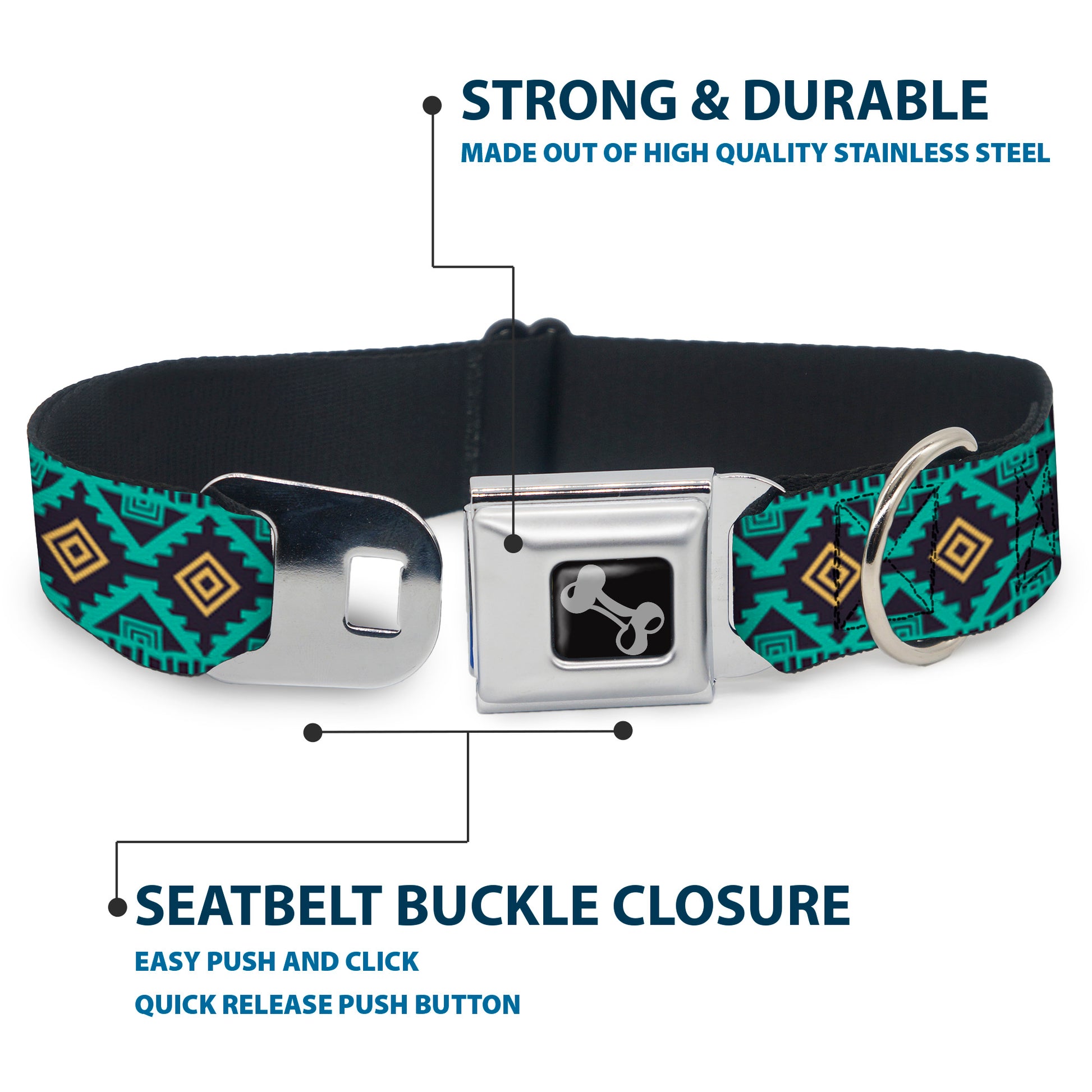Dog Bone Seatbelt Buckle Collar - Geometric6 Navy/Turquoise/Gold Seatbelt Buckle Collars Buckle-Down