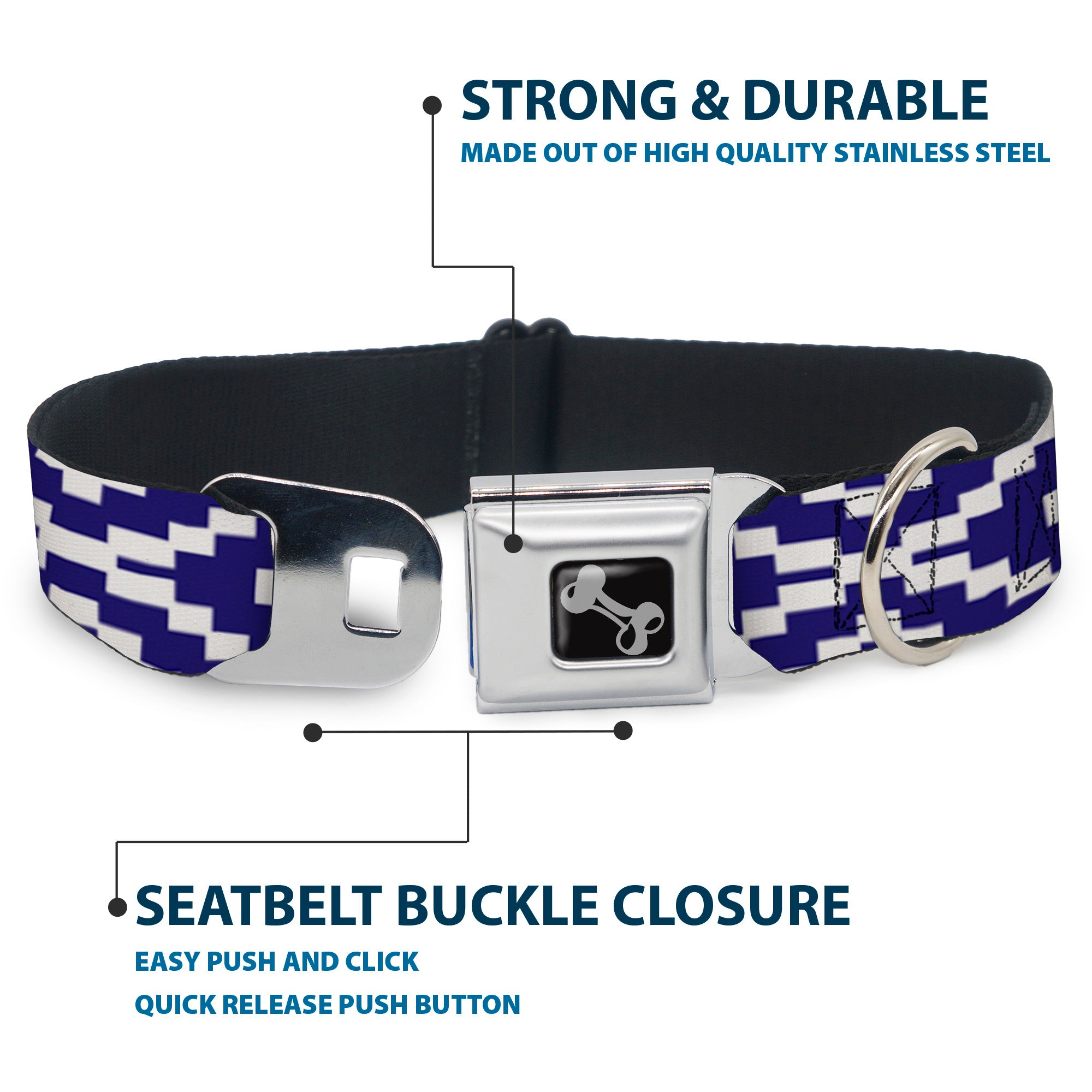 Dog Bone Seatbelt Buckle Collar - Geometric Diamond Blue/White Seatbelt Buckle Collars Buckle-Down