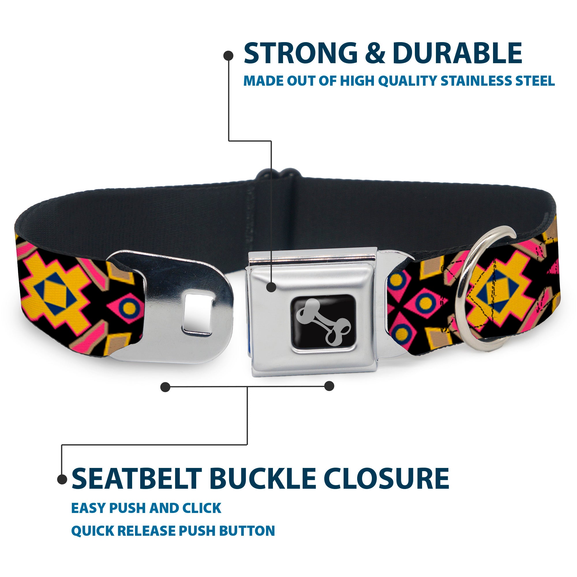 Dog Bone Seatbelt Buckle Collar - Geometric Sunburst Black/Pink/Yellow/Blue Seatbelt Buckle Collars Buckle-Down