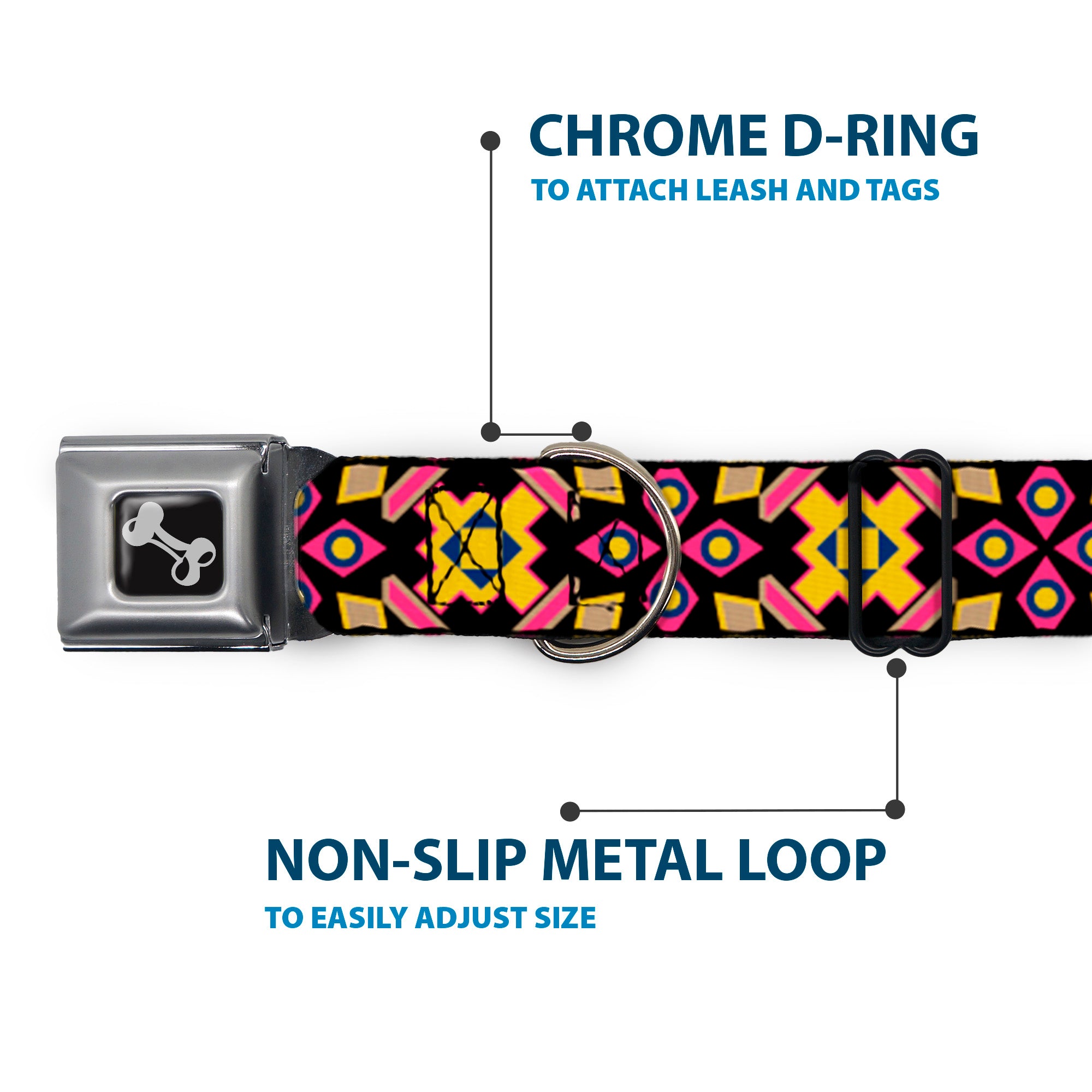 Dog Bone Seatbelt Buckle Collar - Geometric Sunburst Black/Pink/Yellow/Blue Seatbelt Buckle Collars Buckle-Down