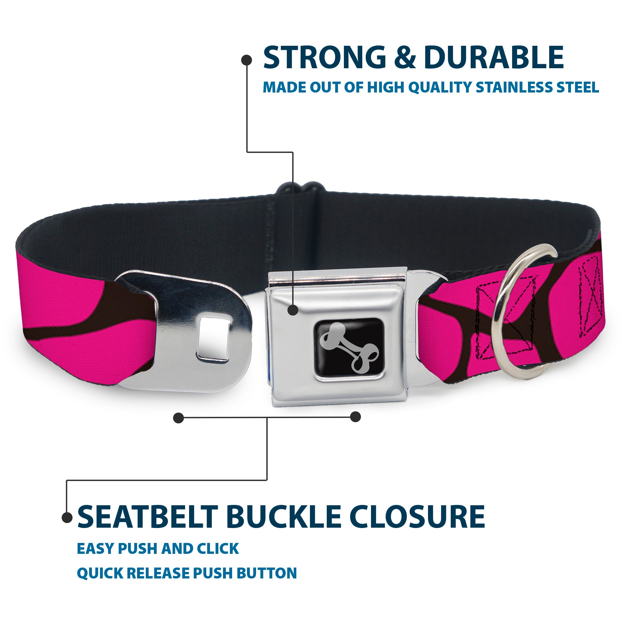 Dog Bone Seatbelt Buckle Collar - Giraffe Spots Black/Fuchsia Seatbelt Buckle Collars Buckle-Down