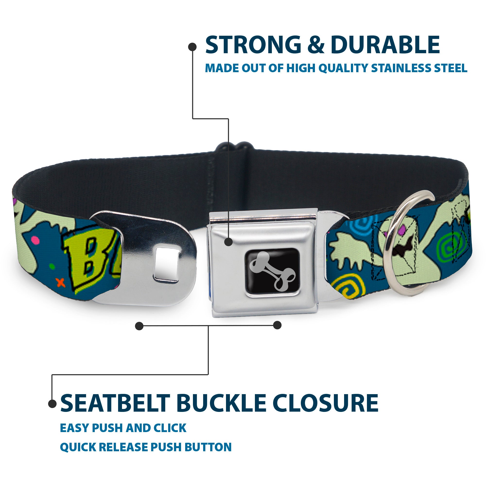 Dog Bone Seatbelt Buckle Collar - Ghost BOO! Blue/Multi Color Seatbelt Buckle Collars Buckle-Down