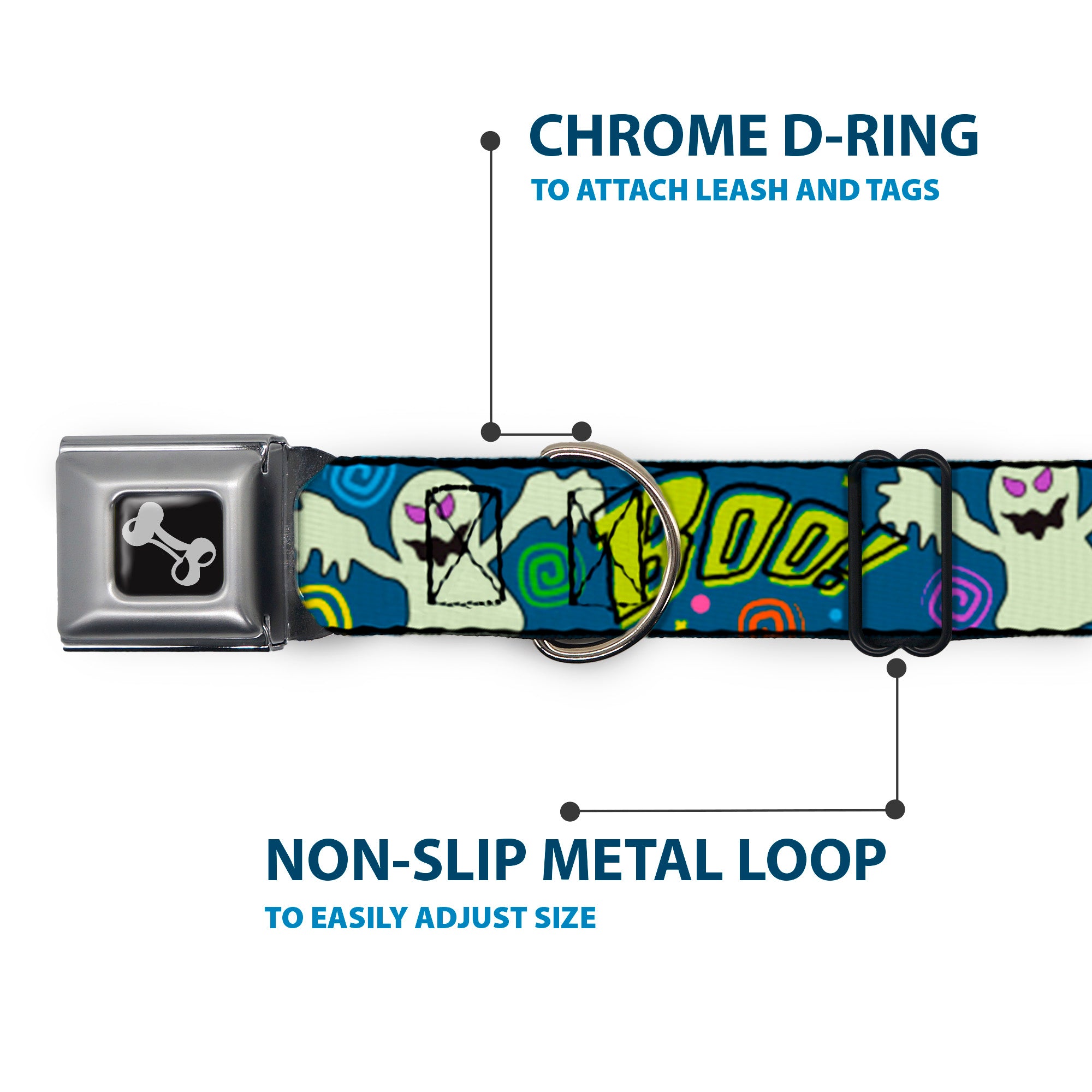 Dog Bone Seatbelt Buckle Collar - Ghost BOO! Blue/Multi Color Seatbelt Buckle Collars Buckle-Down