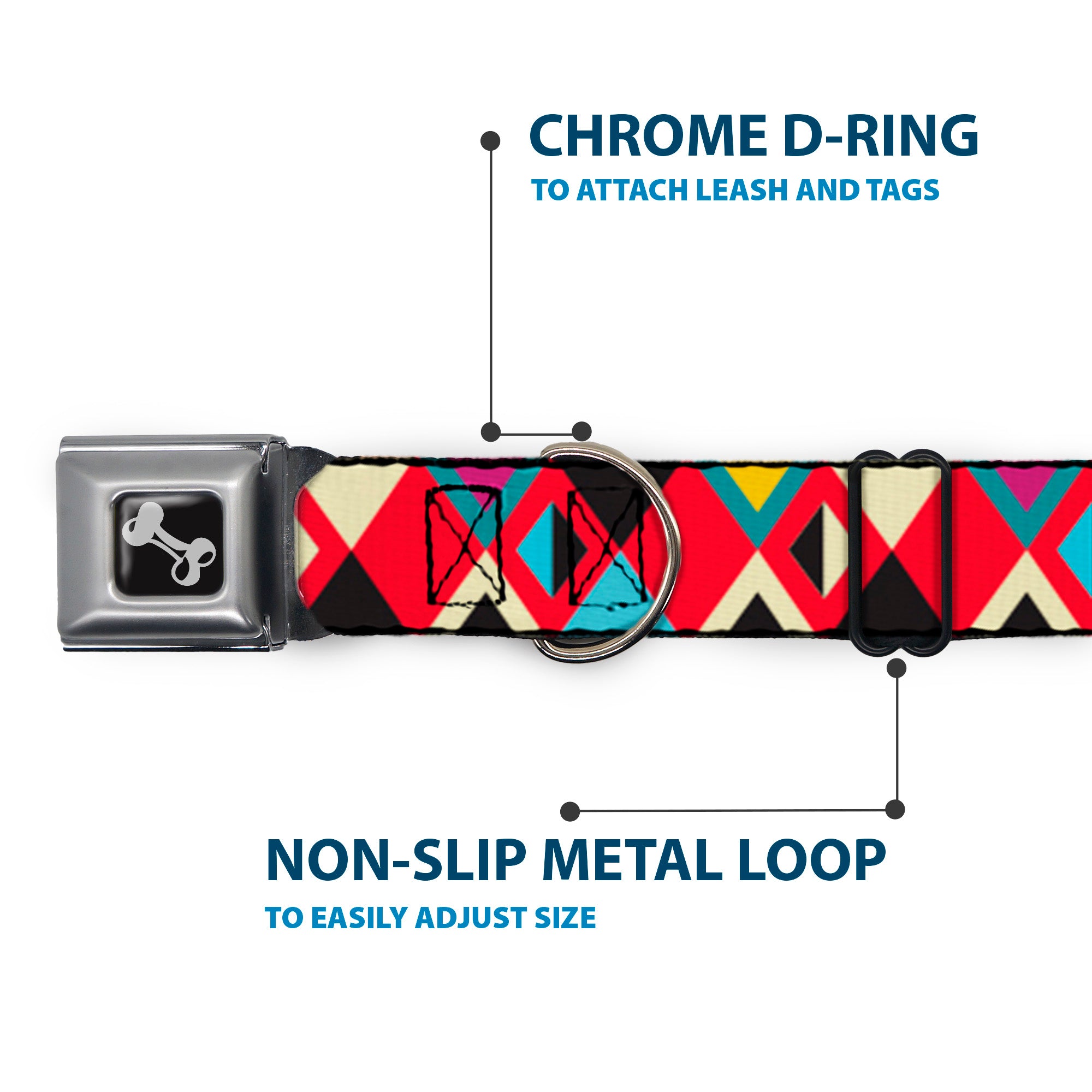 Dog Bone Seatbelt Buckle Collar - Geometric9 Black/Red/Turquoise/Ivory Seatbelt Buckle Collars Buckle-Down
