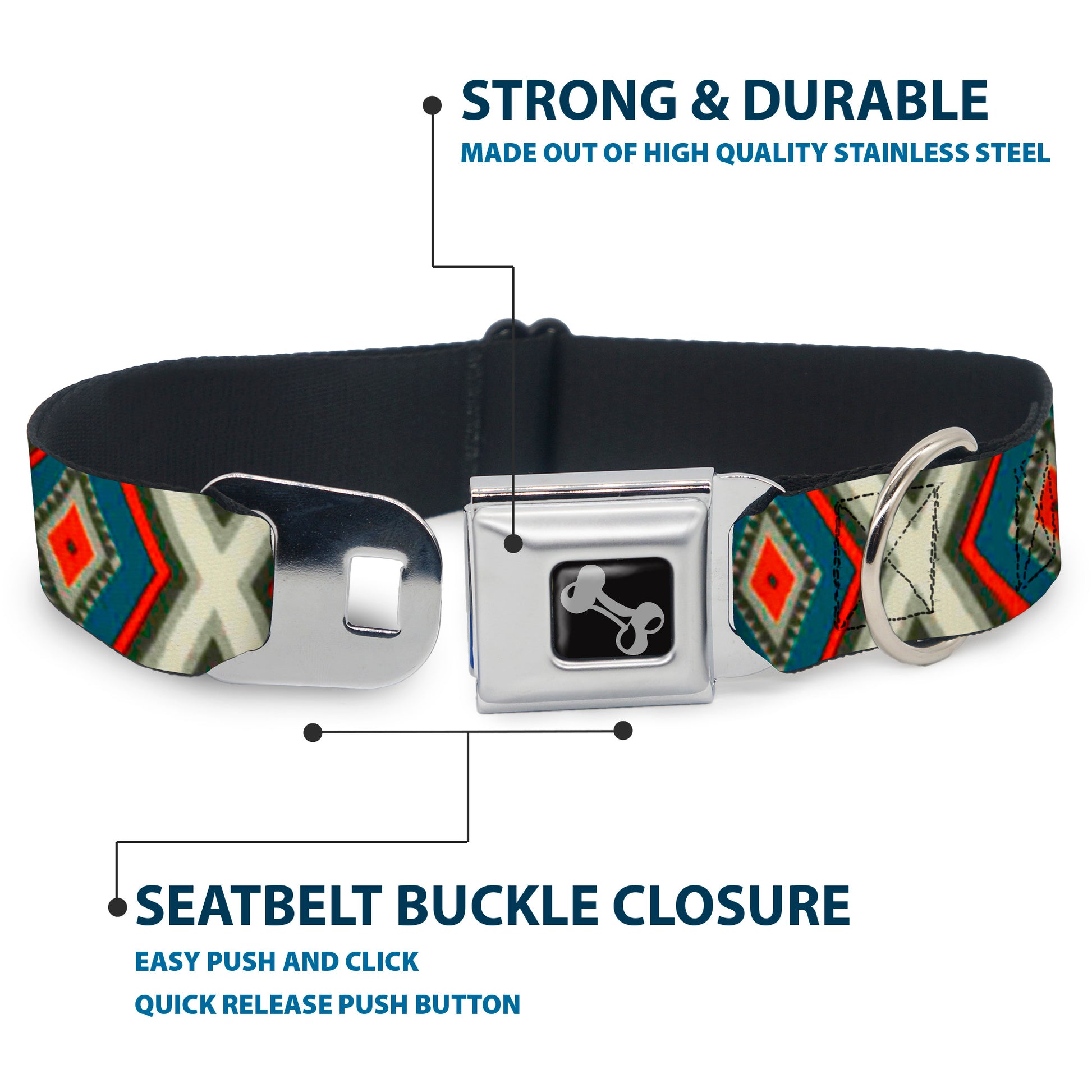 Dog Bone Seatbelt Buckle Collar - Geometric Diamonds Grays/Red/Turquoise Seatbelt Buckle Collars Buckle-Down