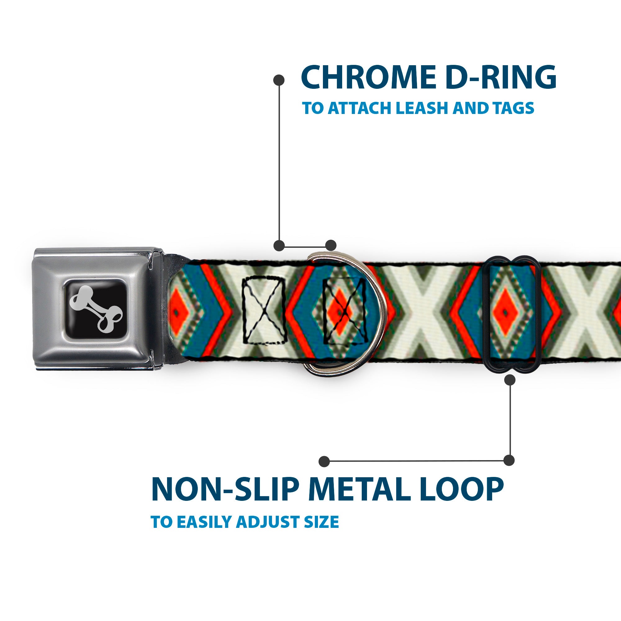 Dog Bone Seatbelt Buckle Collar - Geometric Diamonds Grays/Red/Turquoise Seatbelt Buckle Collars Buckle-Down
