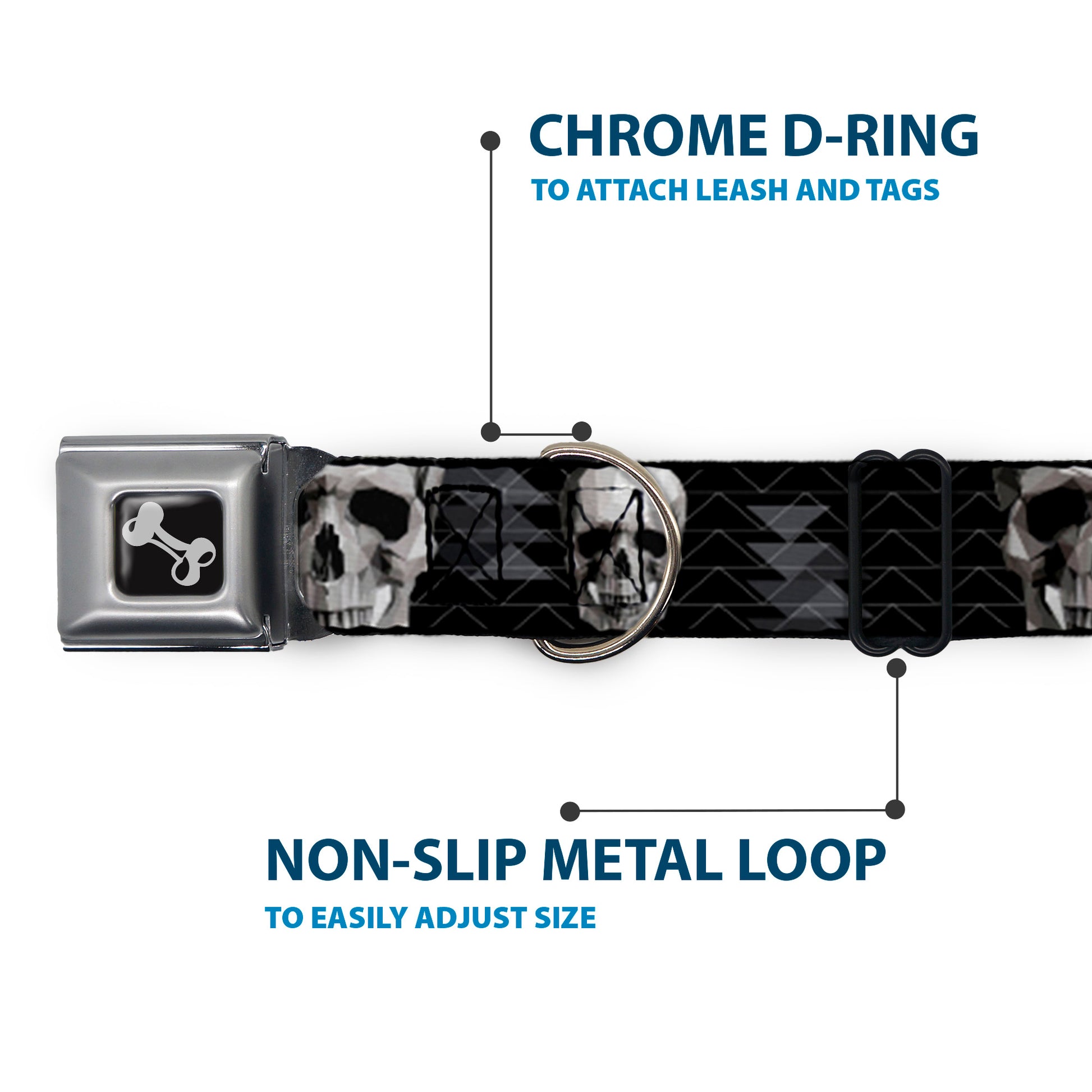 Dog Bone Seatbelt Buckle Collar - Geometric 3-D Skull Face/Chevron Black/Grays/White Seatbelt Buckle Collars Buckle-Down