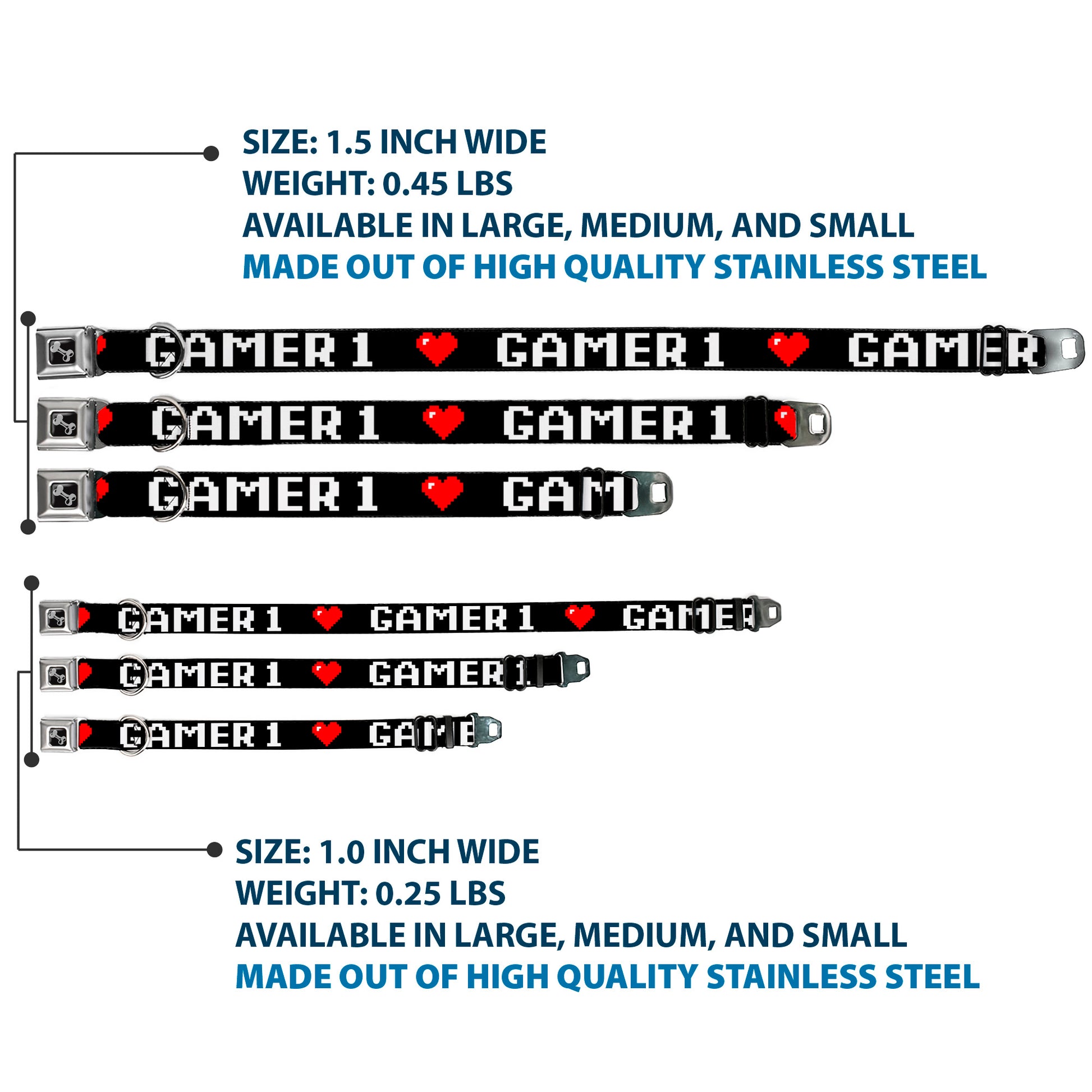 Dog Bone Seatbelt Buckle Collar - GAMER 1/Heart 8-Bit Black/White/Red Seatbelt Buckle Collars Buckle-Down