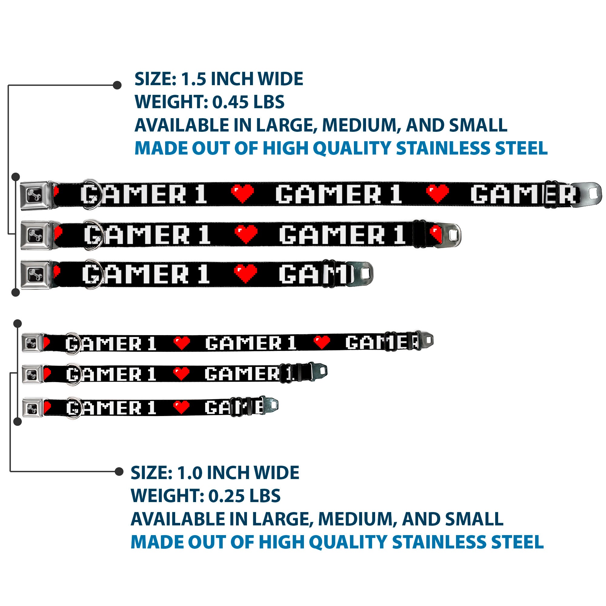 Dog Bone Seatbelt Buckle Collar - GAMER 1/Heart 8-Bit Black/White/Red Seatbelt Buckle Collars Buckle-Down