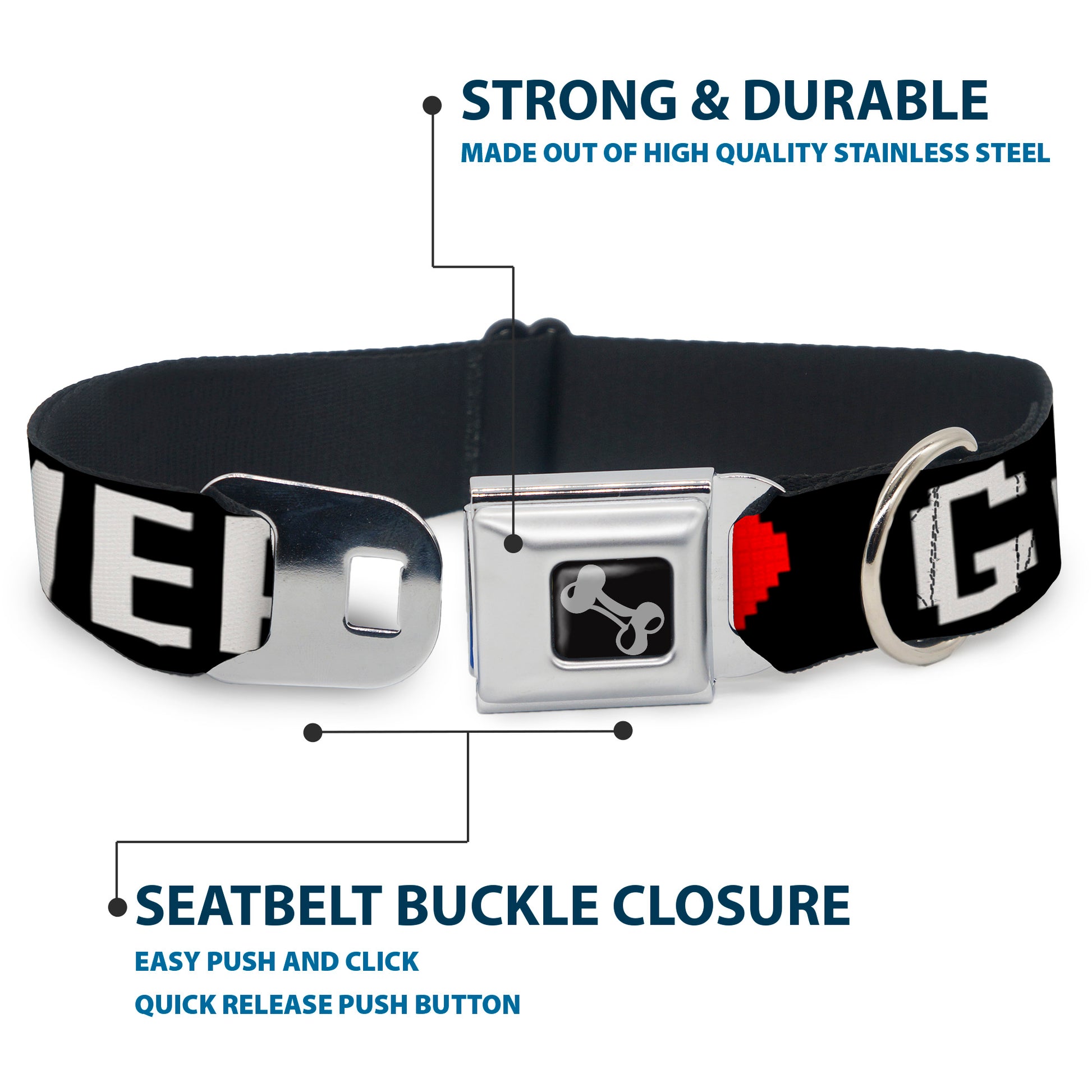 Dog Bone Seatbelt Buckle Collar - GAMER 2/Heart 8-Bit Black/White/Red Seatbelt Buckle Collars Buckle-Down
