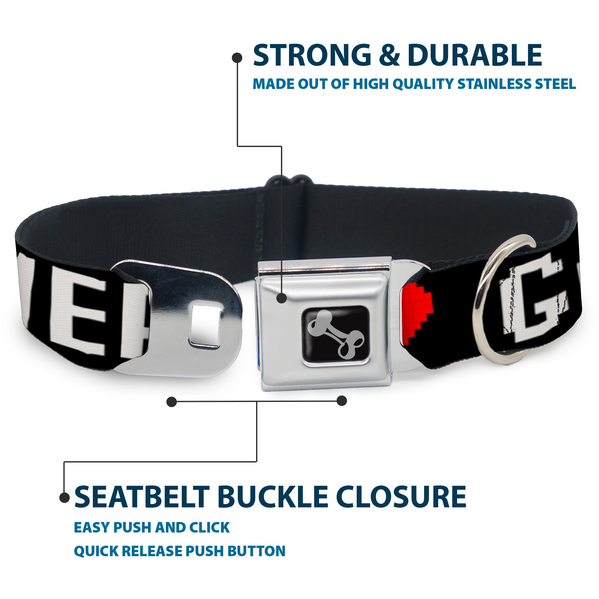Dog Bone Seatbelt Buckle Collar - GAMER 2/Heart 8-Bit Black/White/Red Seatbelt Buckle Collars Buckle-Down