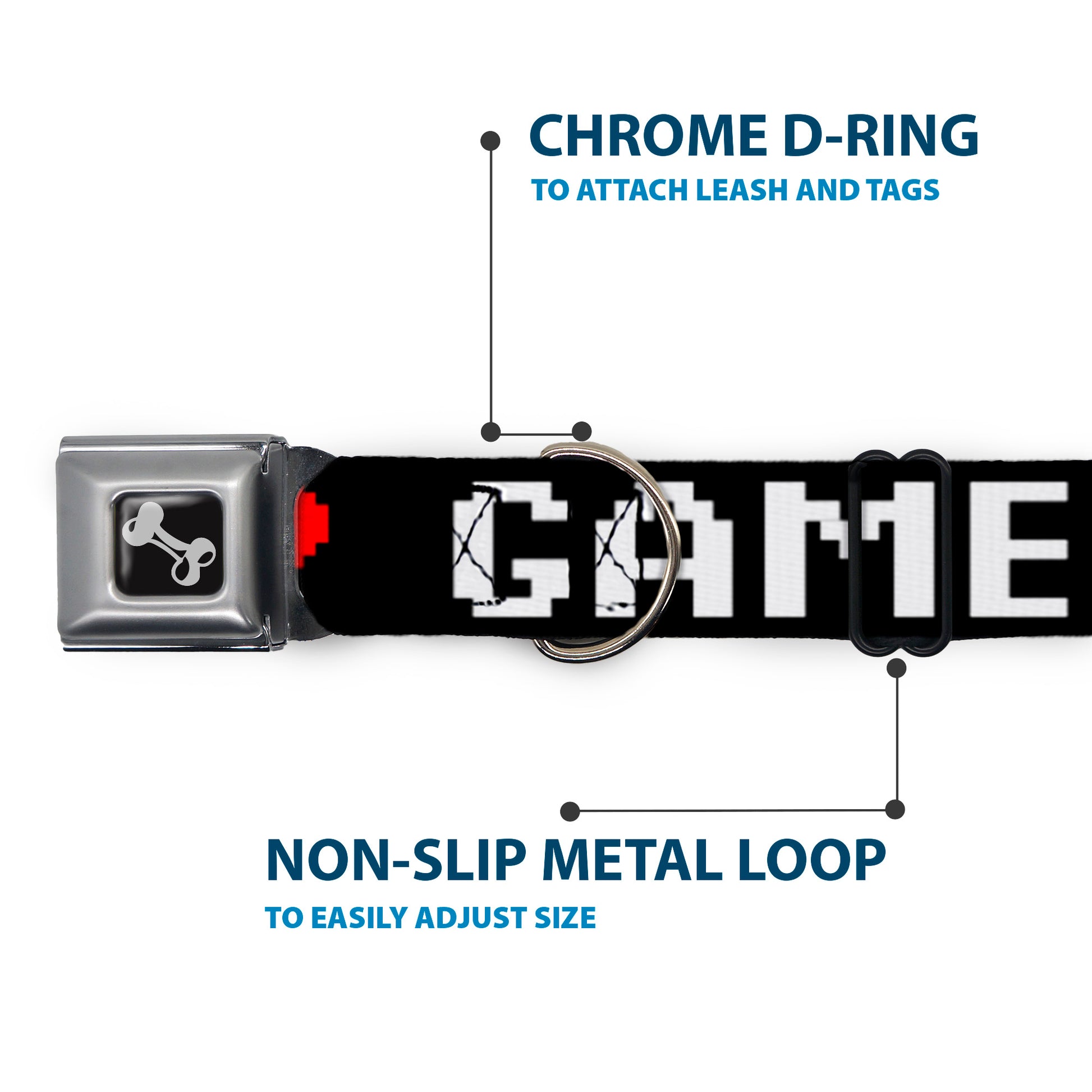 Dog Bone Seatbelt Buckle Collar - GAMER 2/Heart 8-Bit Black/White/Red Seatbelt Buckle Collars Buckle-Down