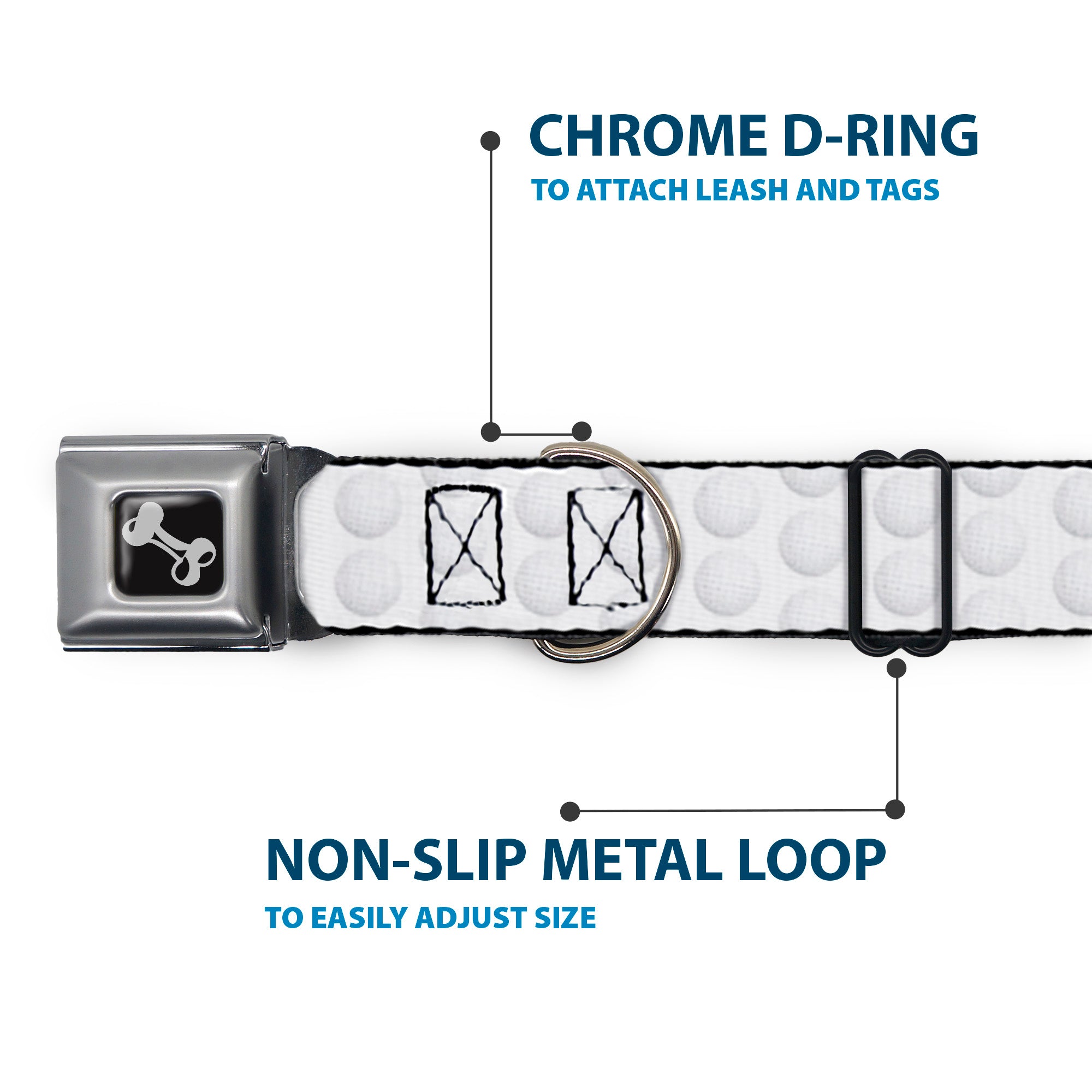 Dog Bone Black/Silver Seatbelt Buckle Collar - Golf Ball Dimples Whites Seatbelt Buckle Collars Buckle-Down