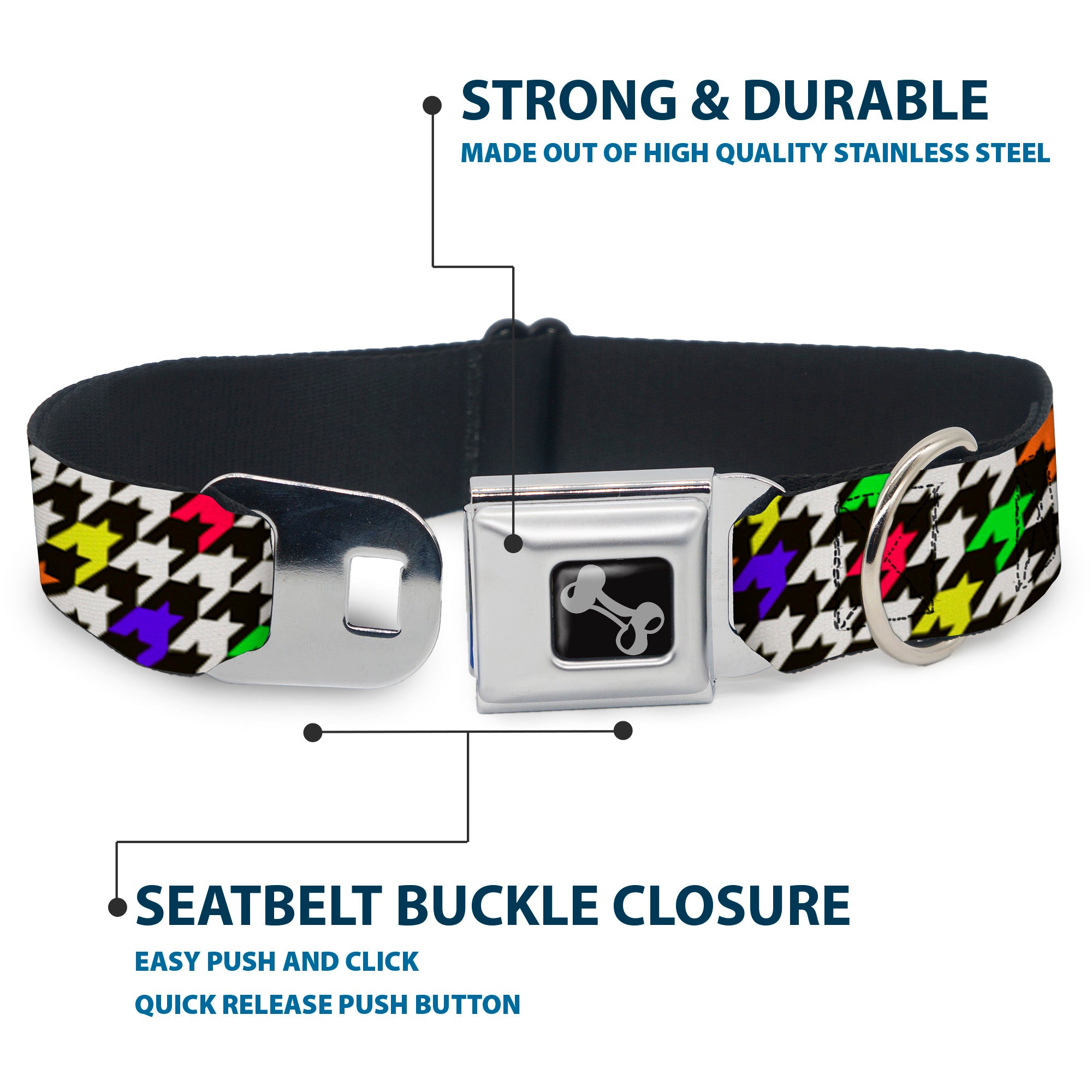 Dog Bone Seatbelt Buckle Collar - Houndstooth Black/White/Multi Neon Seatbelt Buckle Collars Buckle-Down