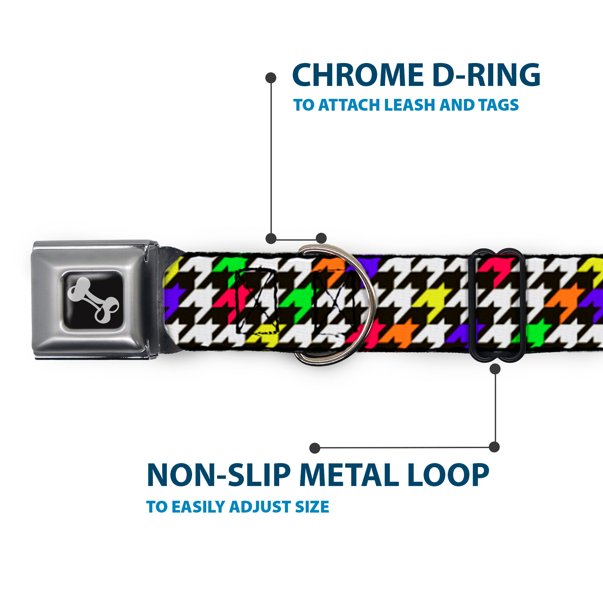 Dog Bone Seatbelt Buckle Collar - Houndstooth Black/White/Multi Neon Seatbelt Buckle Collars Buckle-Down