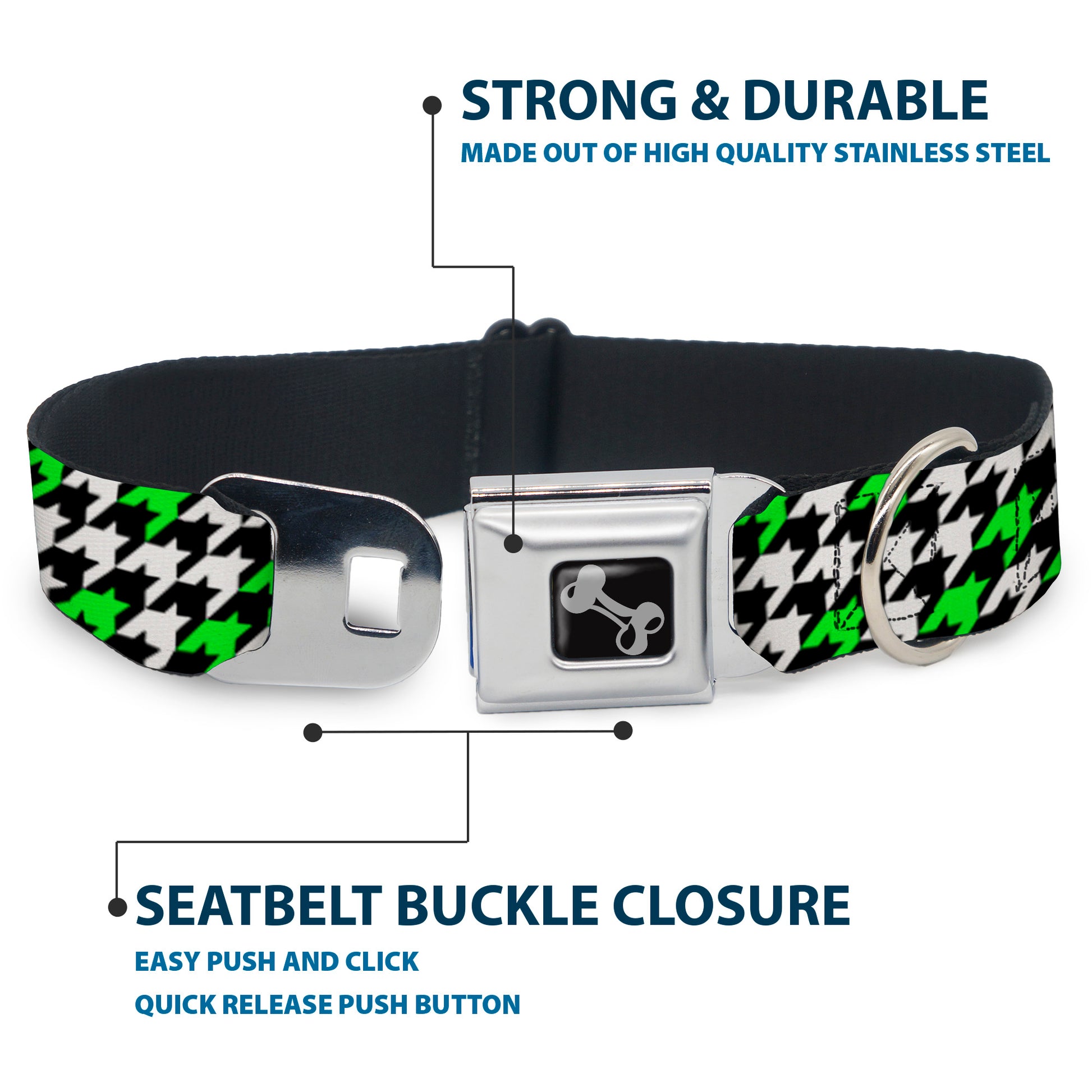 Dog Bone Seatbelt Buckle Collar - Houndstooth Black/White/Neon Green Seatbelt Buckle Collars Buckle-Down