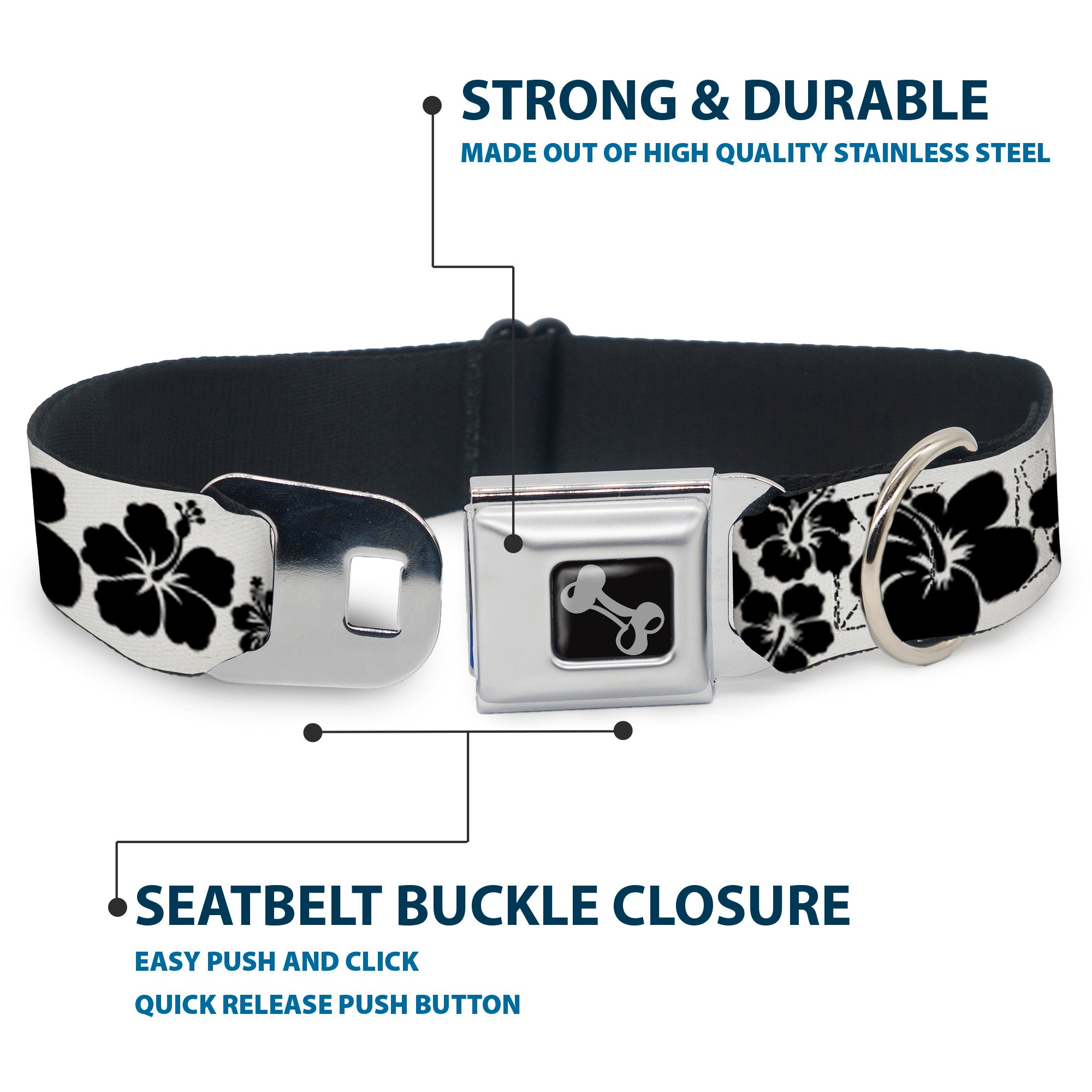 Dog Bone Seatbelt Buckle Collar - Hibiscus White/Black Seatbelt Buckle Collars Buckle-Down