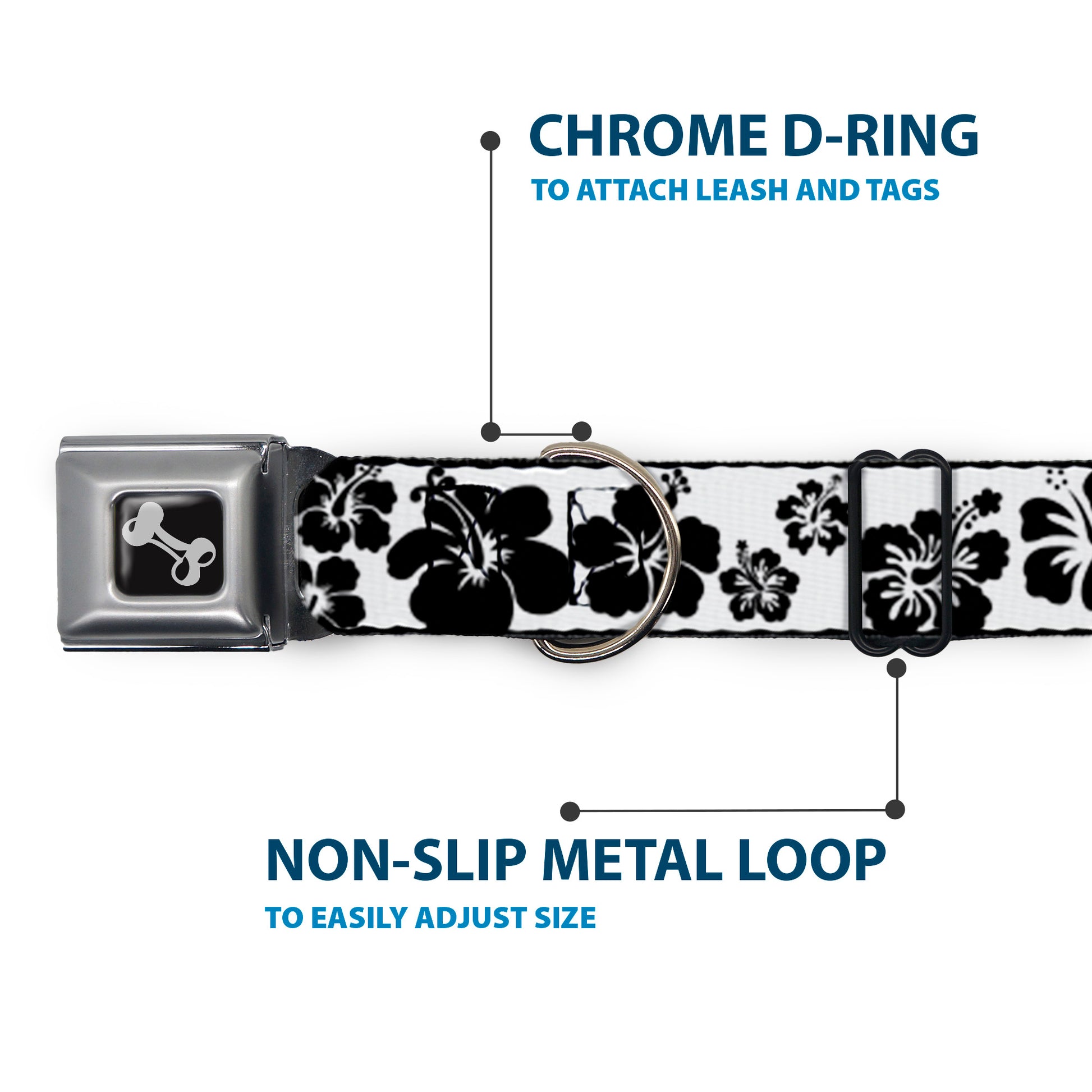 Dog Bone Seatbelt Buckle Collar - Hibiscus White/Black Seatbelt Buckle Collars Buckle-Down