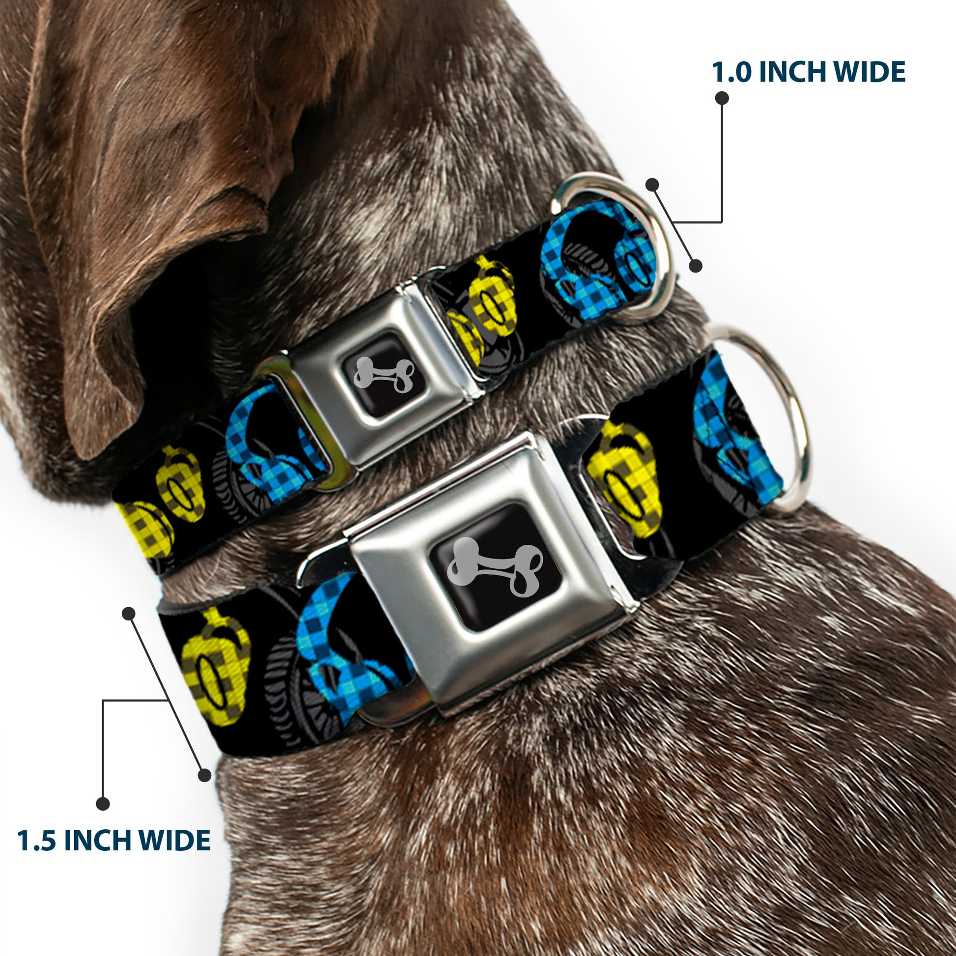 Dog Bone Seatbelt Buckle Collar - Headphones Buffalo Plaid Black/Neon Seatbelt Buckle Collars Buckle-Down