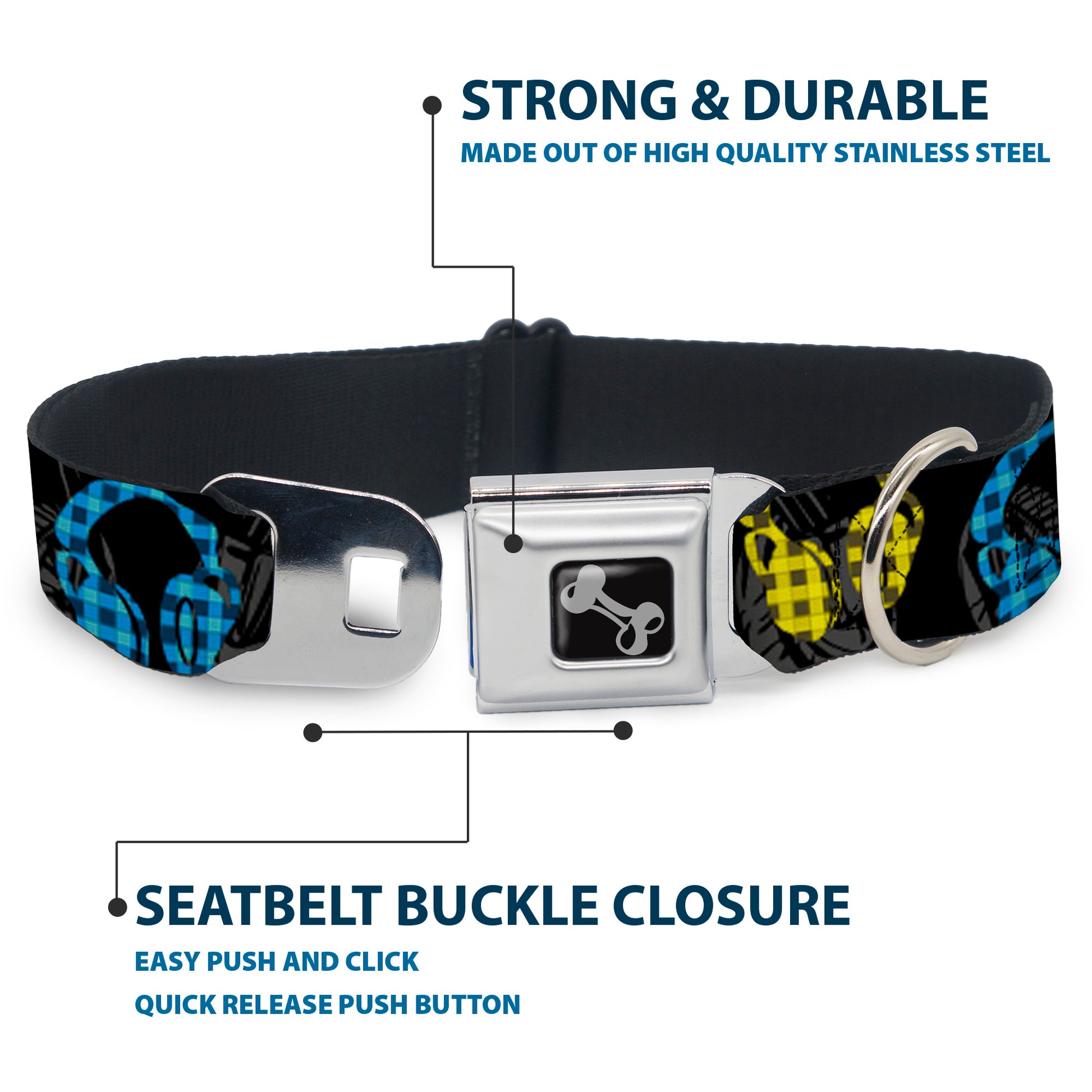 Dog Bone Seatbelt Buckle Collar - Headphones Buffalo Plaid Black/Neon Seatbelt Buckle Collars Buckle-Down