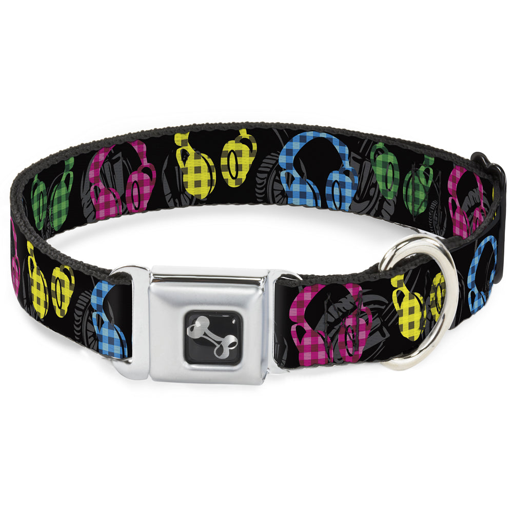Dog Bone Seatbelt Buckle Collar - Headphones Buffalo Plaid Black/Neon Seatbelt Buckle Collars Buckle-Down