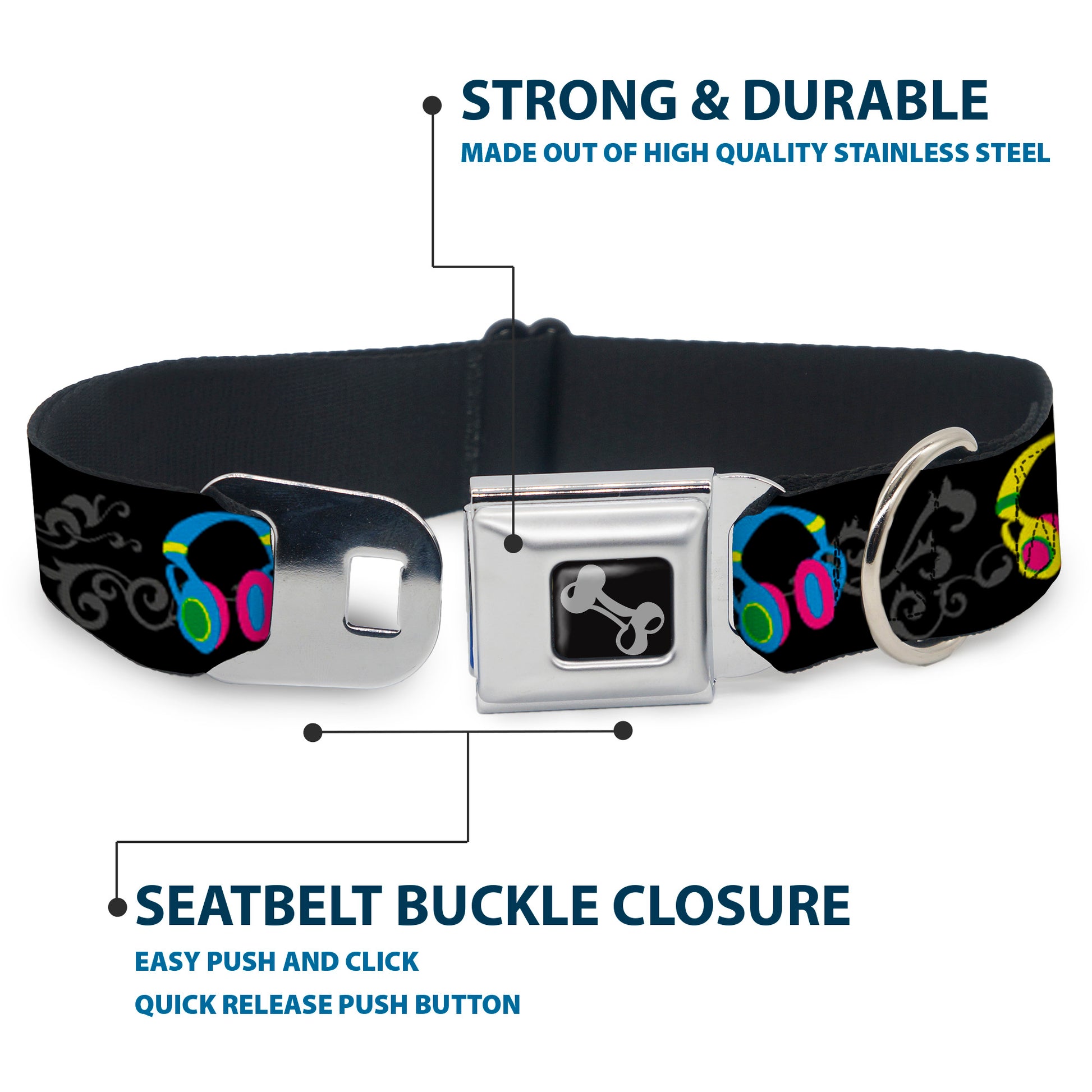 Dog Bone Seatbelt Buckle Collar - Headphones Curls Black/Gray/Neon Seatbelt Buckle Collars Buckle-Down