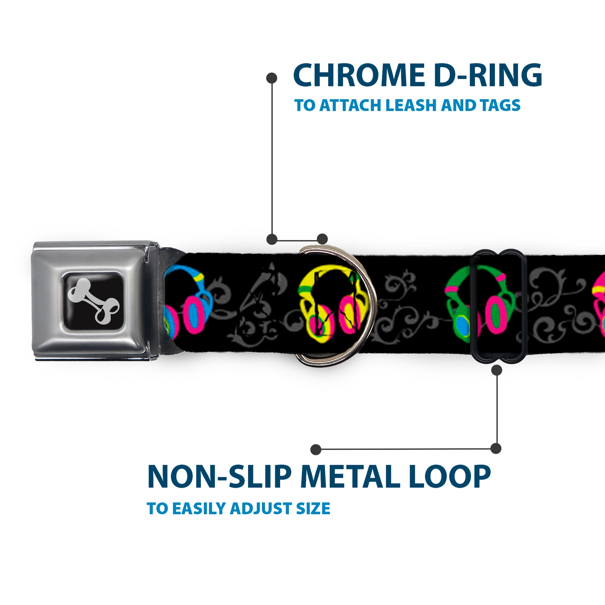 Dog Bone Seatbelt Buckle Collar - Headphones Curls Black/Gray/Neon Seatbelt Buckle Collars Buckle-Down